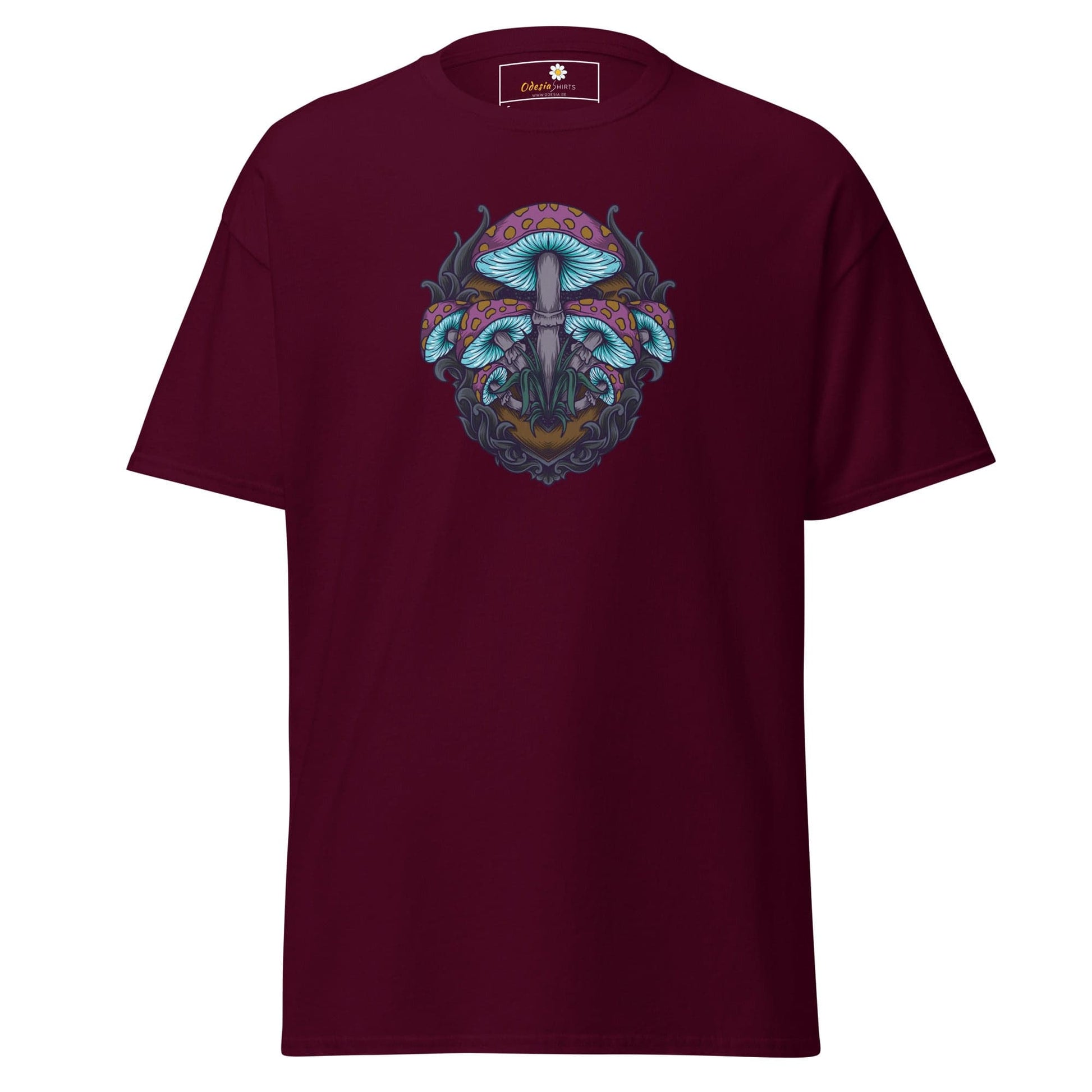 Maroon T-shirt with mushroom graphic for men and women in sizes S to XL