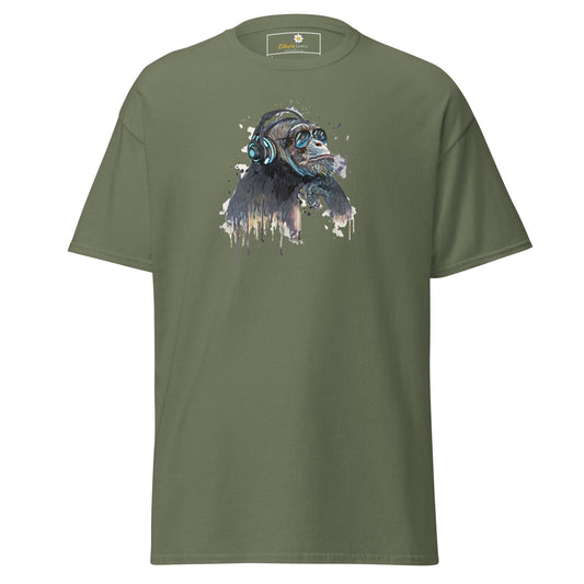 Olive green T-shirt with chimpanzee graphic, designed for men and women, sizes S to XL