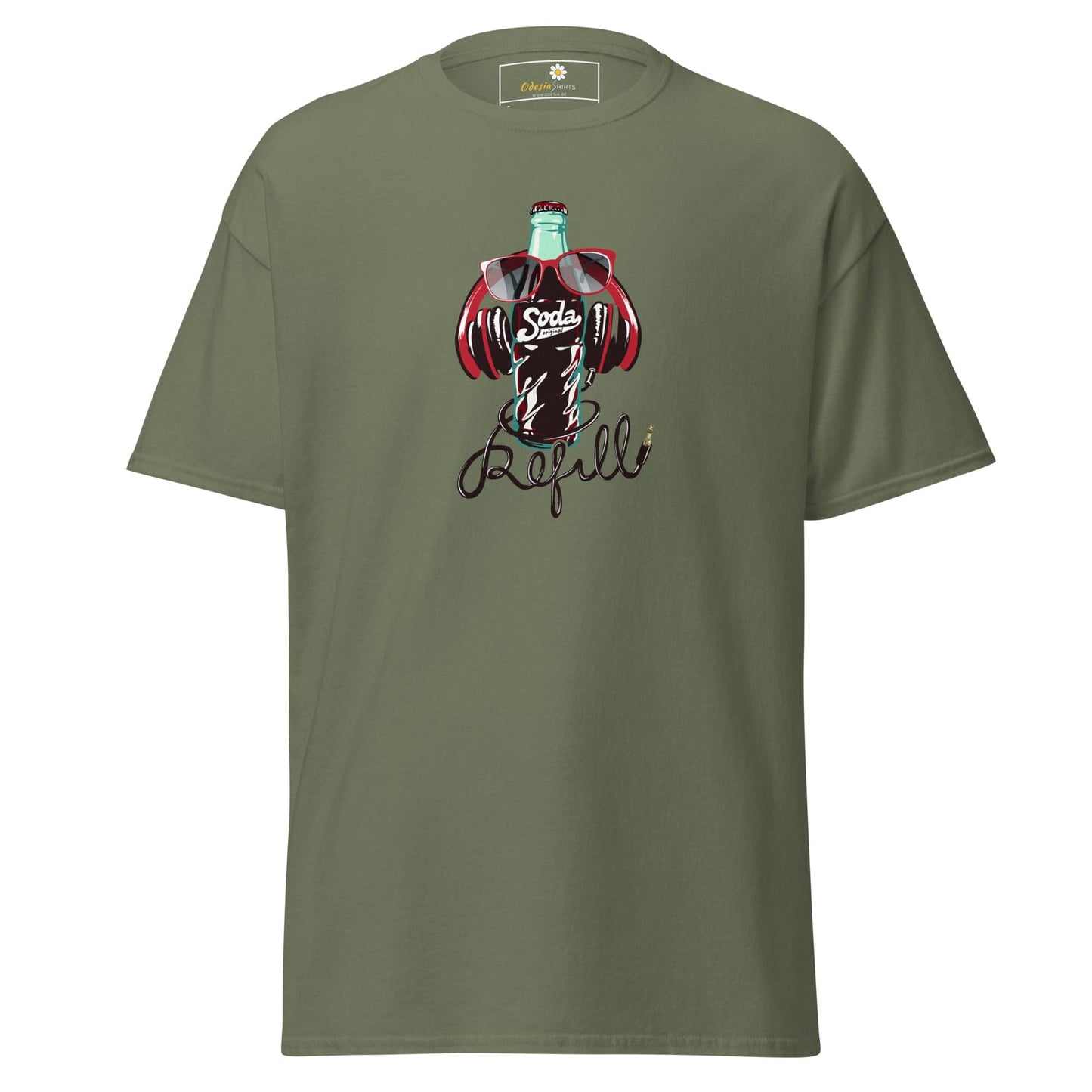 Olive green T-shirt with soda bottle graphic, suitable for men and women S to XL