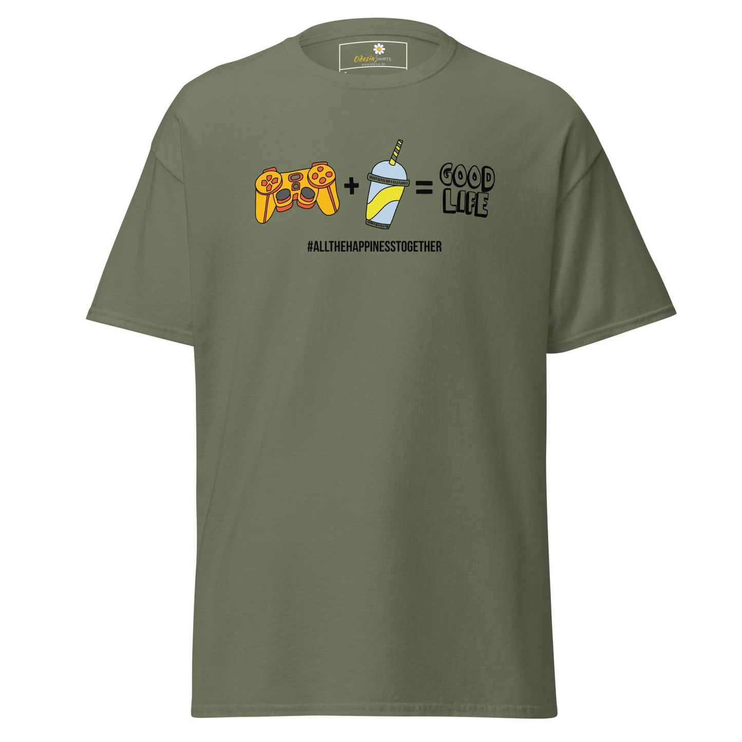 Olive green T-shirt with gaming and beverage graphic, available in S to XL sizes