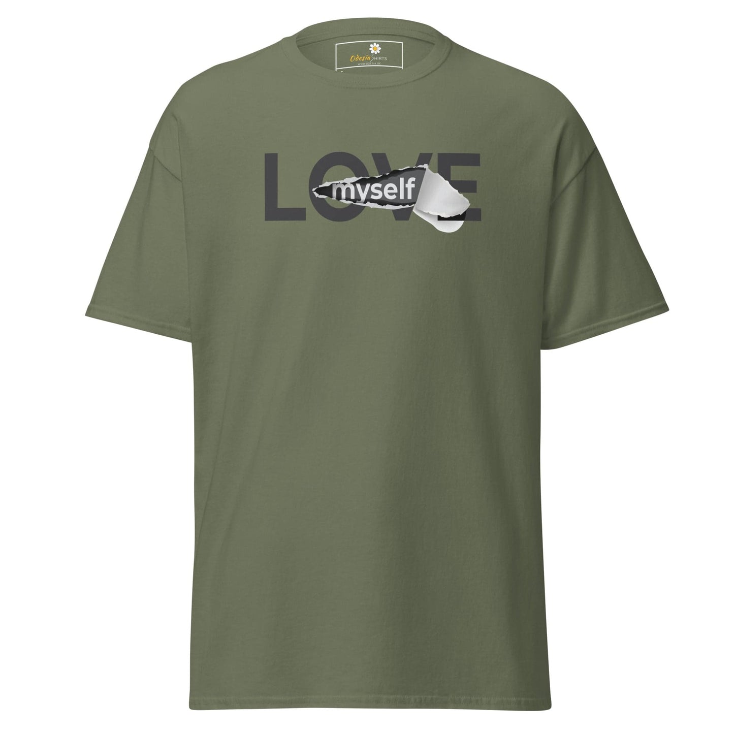 Olive green T-shirt with LOVE myself graphic for men and women, available in S to XL