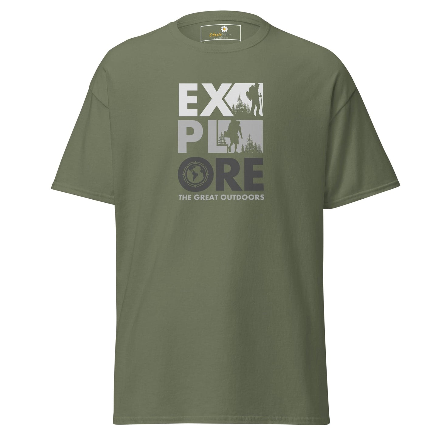 Olive green Explore the Great Outdoors unisex T-shirt displayed in Mens and Womens sizes