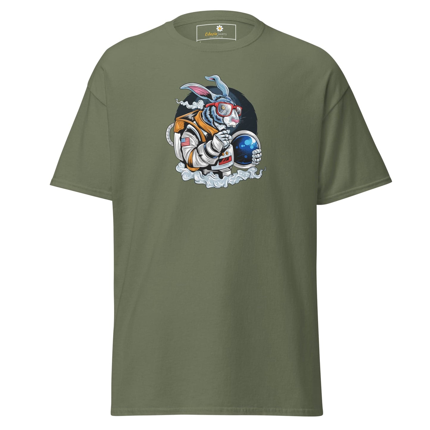 Olive green T-shirt with astronaut rabbit graphic for men and women sizes S to XL