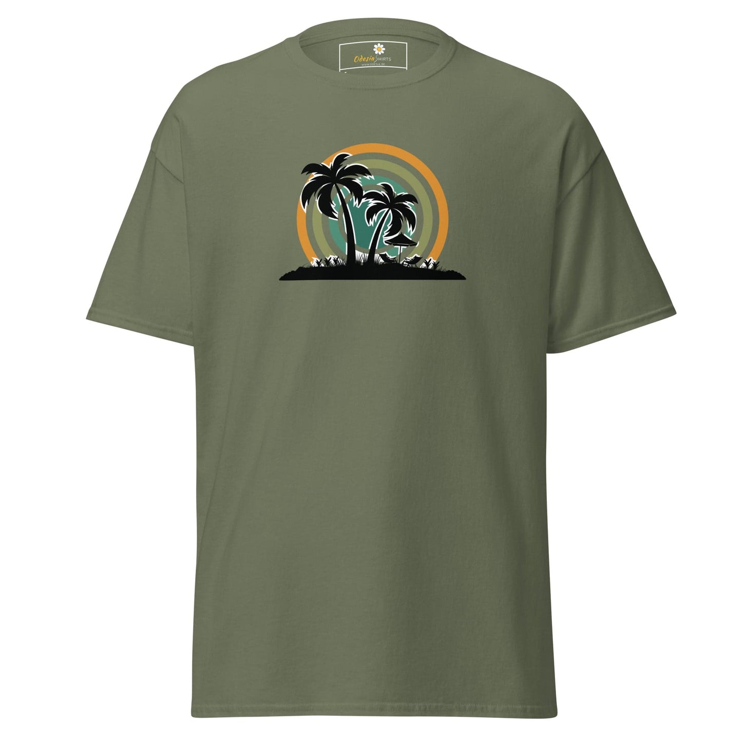 Olive green T-shirt with palm tree graphic from T-SHIRT DESIGN TEE for men and women