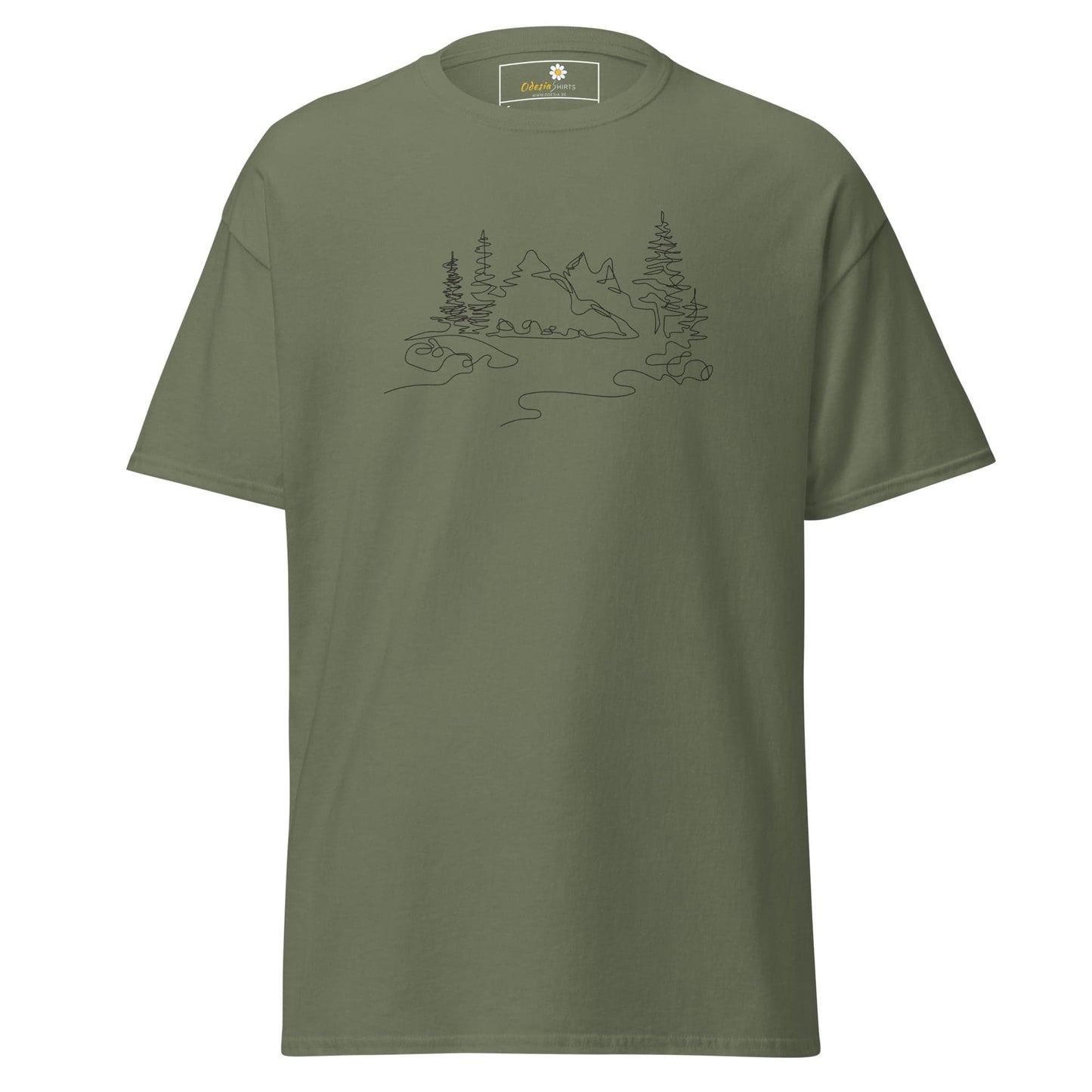 Olive green T-shirt with mountain and tree line art, suitable for men and women sizes S to XL