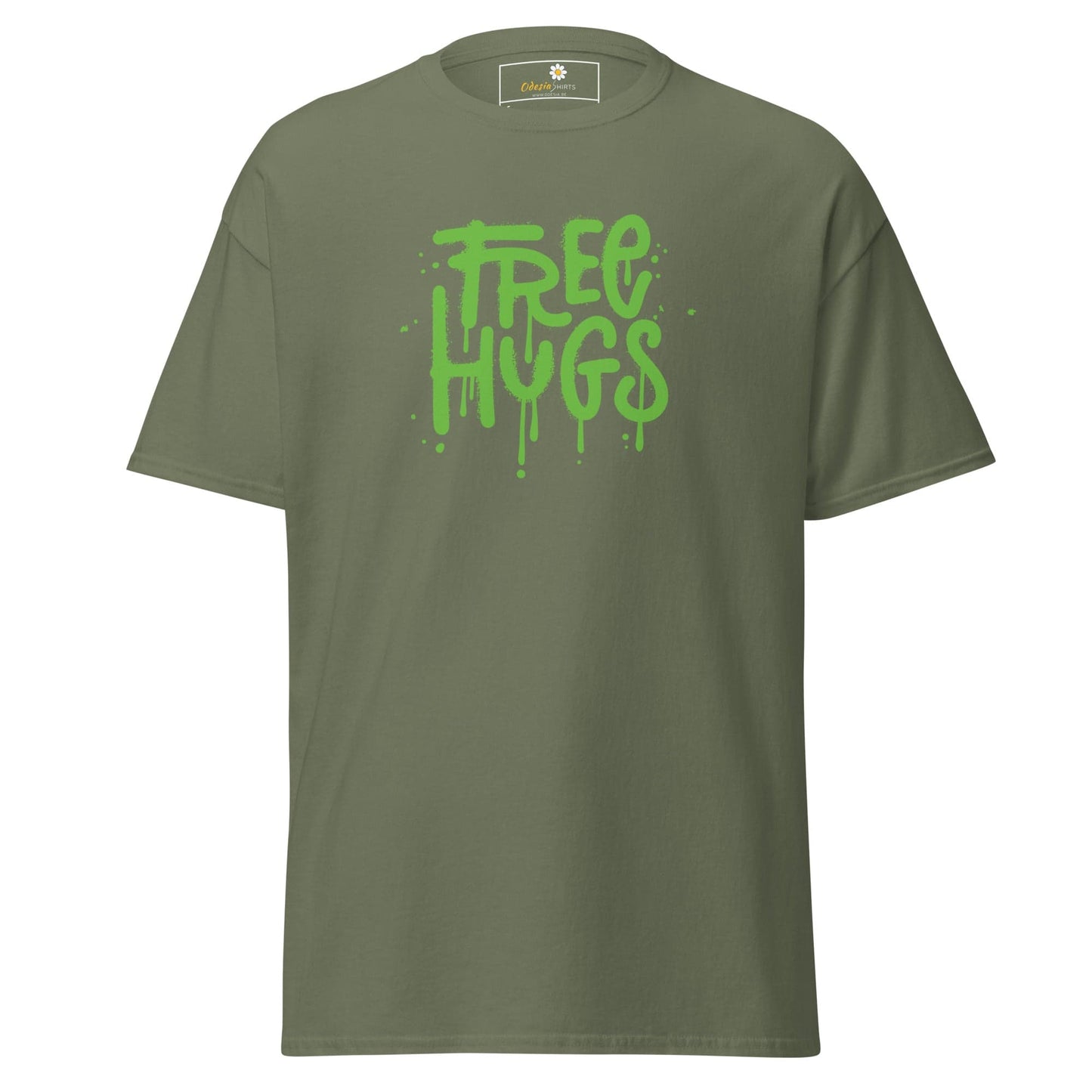 Olive green T-shirt with Free Hugs graffiti displayed in T-SHIRT DESIGN TEE for men and women