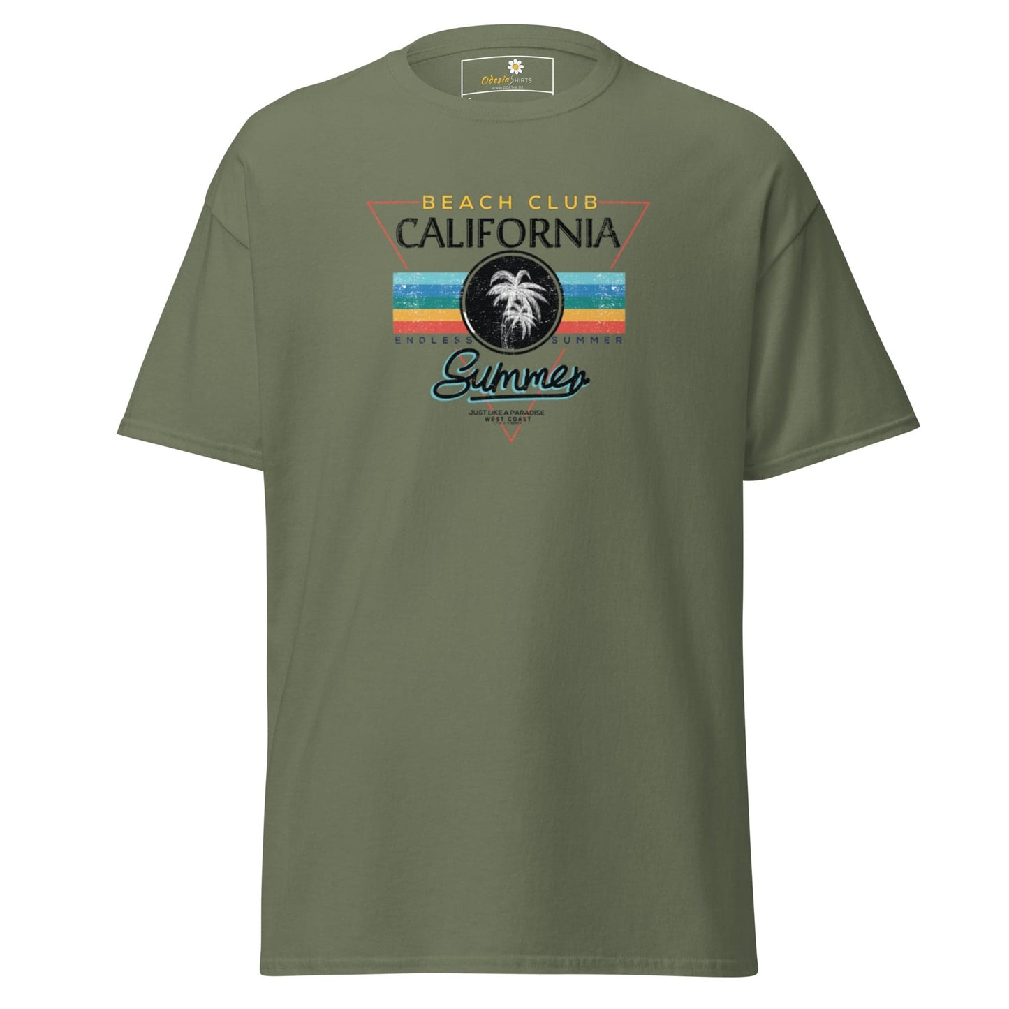 Olive green T-shirt with Beach Club California graphic for men and women sizes S to XL