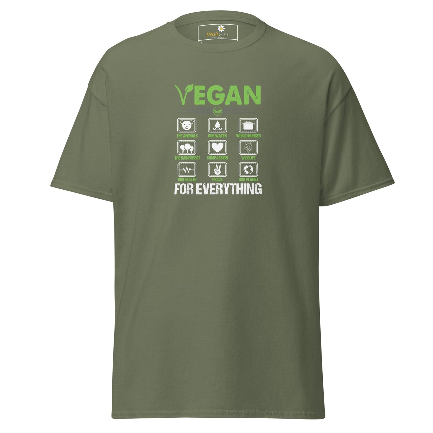 Olive green vegan T-shirt for men and women in S to XL size displayed in product image