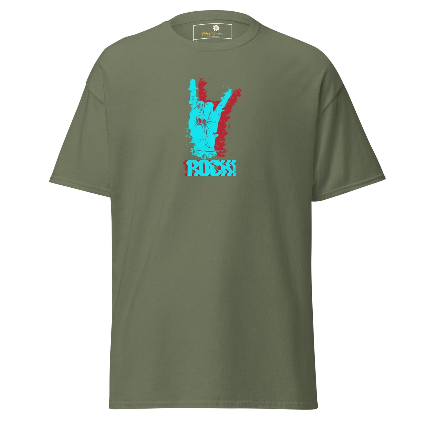 Olive green T-shirt with rock hand graphic, suitable for men and women, sizes S to XL