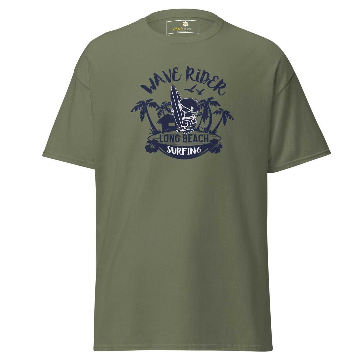 Olive green T-shirt with surfing graphic for men and women, available in sizes S to XL