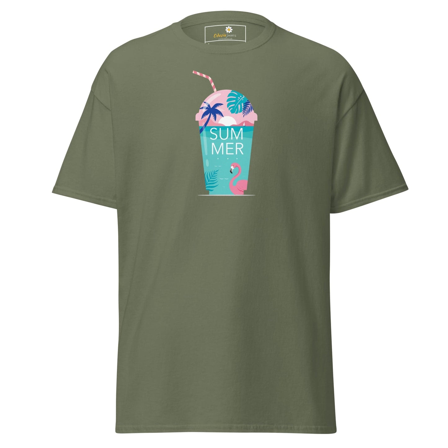 Olive green T-shirt with summer drink graphic for men and women available in sizes S to XL