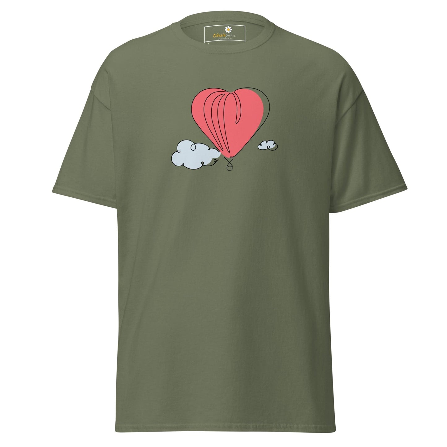 Olive green T-shirt with heart-shaped balloon graphic for Men and Women S-XL