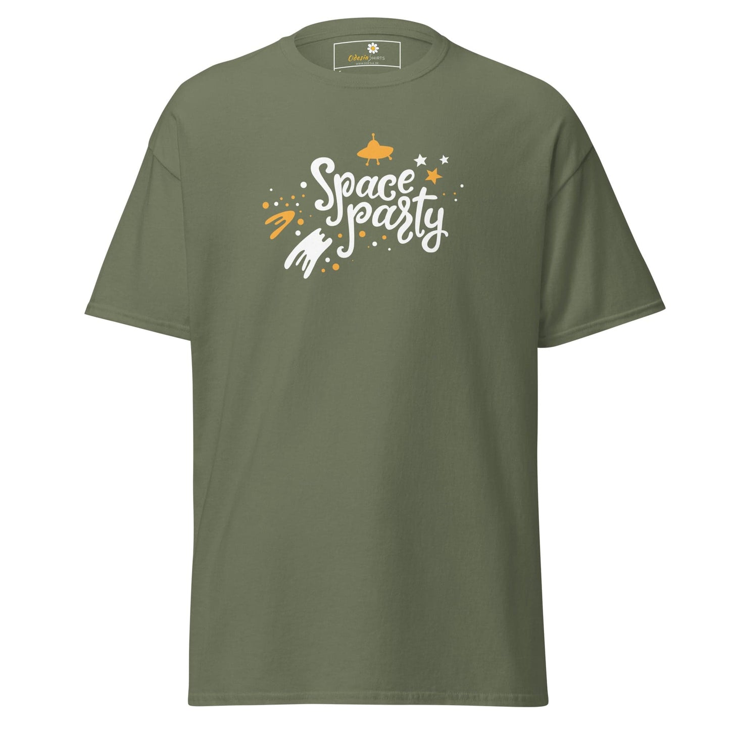 Olive green T-shirt featuring a space party graphic for men and women sizes S to XL