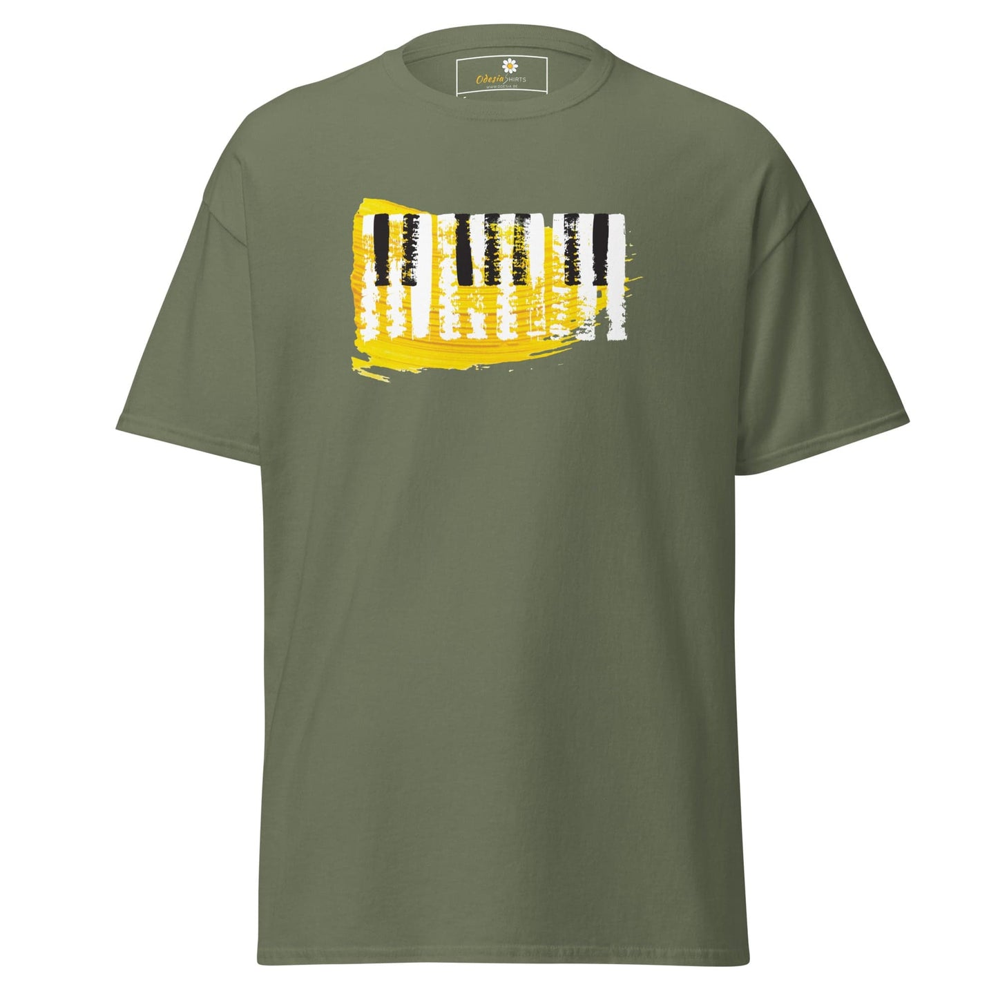 Olive green t-shirt featuring a piano keys graphic for men and women in sizes S to XL