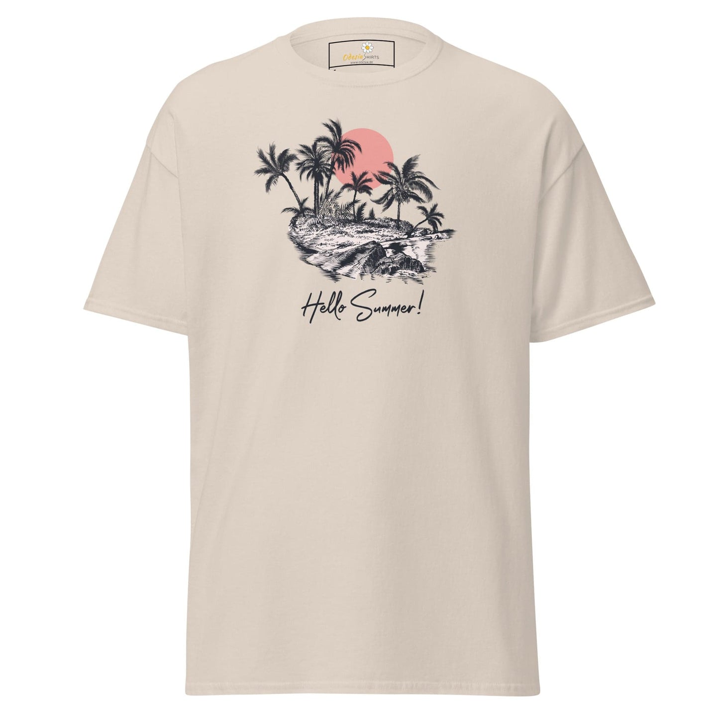 Beige T-shirt with palm tree graphic for men and women, available in sizes S to XL