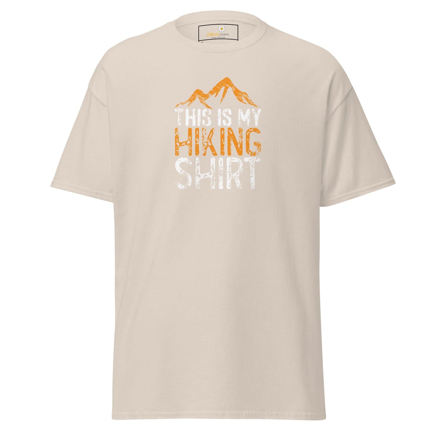 Beige T-shirt featuring a hiking graphic, suitable for men and women sizes S to XL