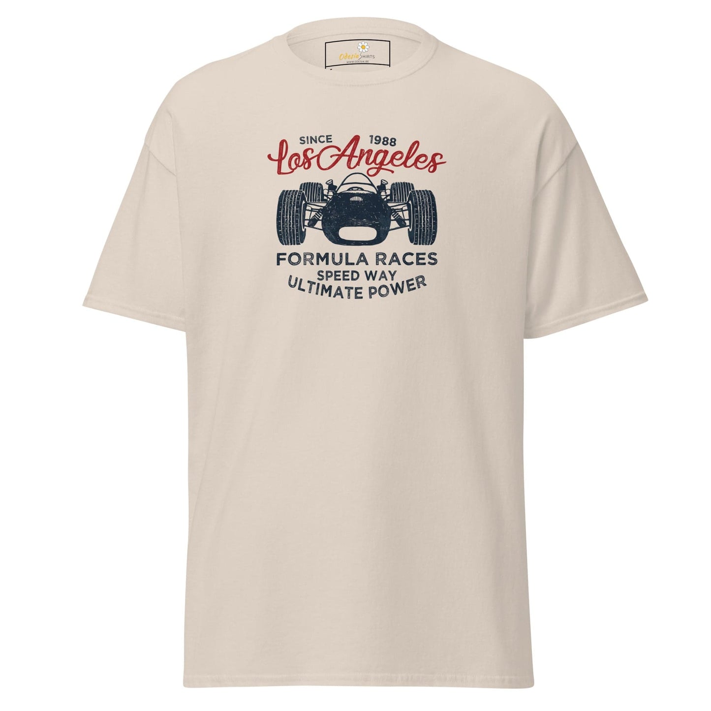 Beige T-shirt with race car graphic from T-SHIRT DESIGN TEE collection for men and women