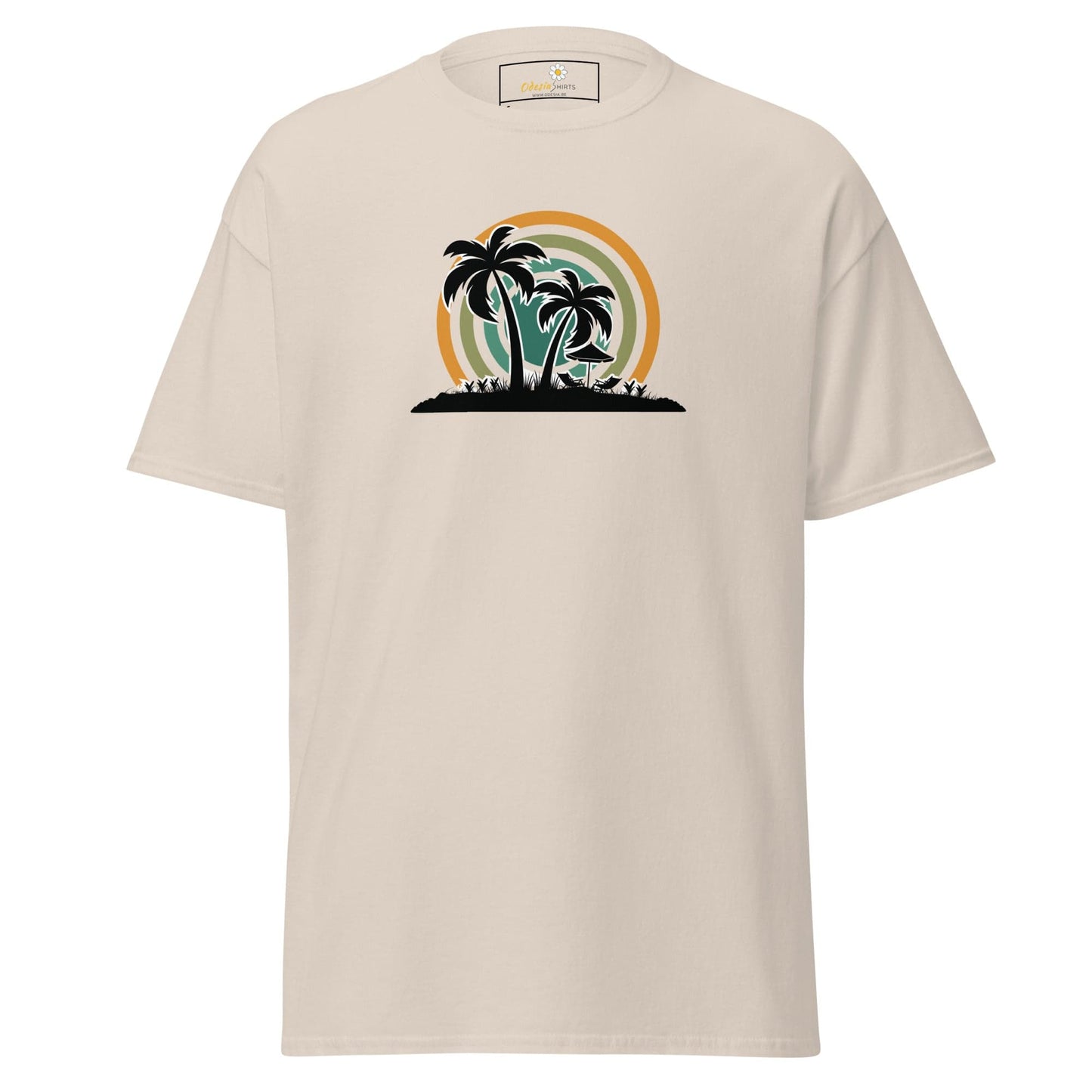 Beige T-shirt with tropical island graphic for men and women in sizes S to XL
