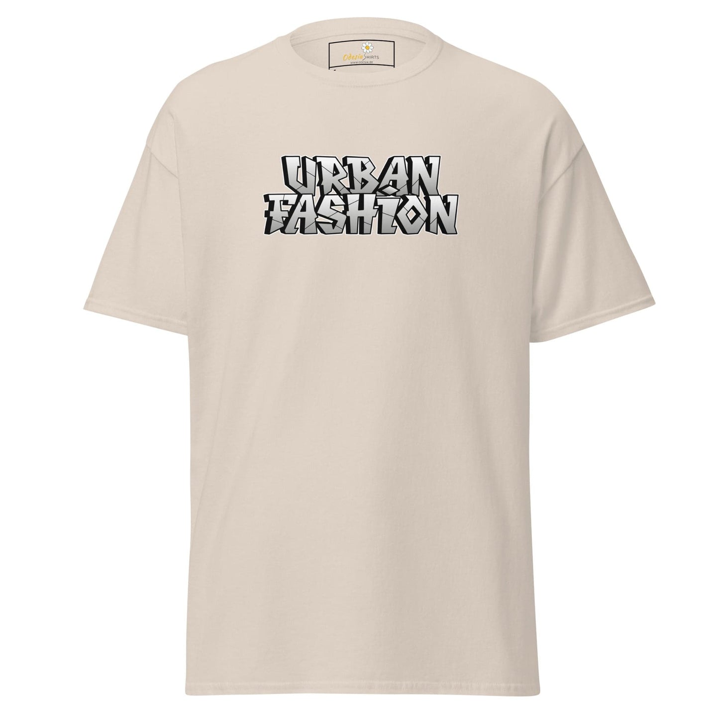 Beige T-shirt with Urban Fashion text, available in sizes S to XL for men and women