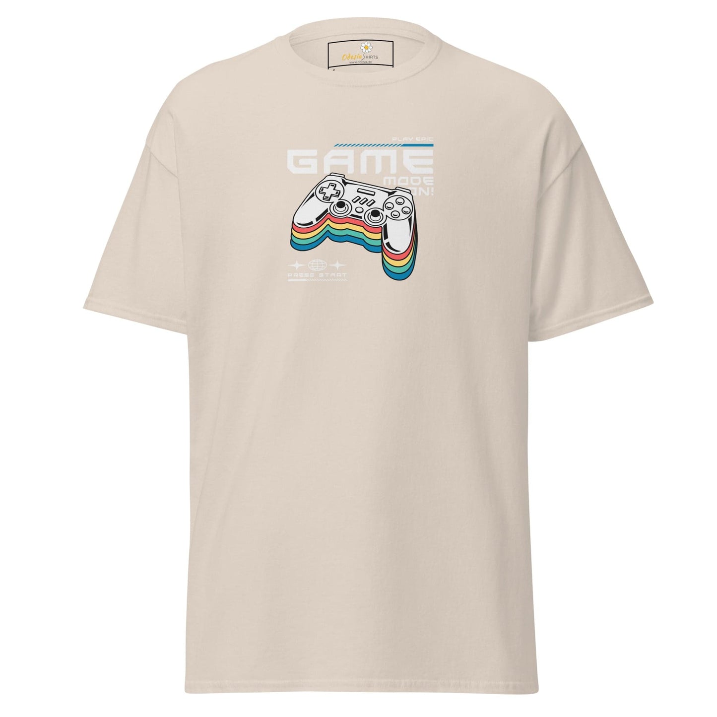 Beige T-shirt with colorful game controller graphic for men and women sizes S to XL
