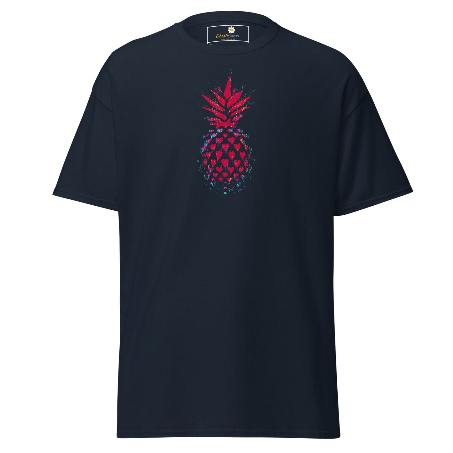 Navy blue T-shirt with pineapple graphic, suitable for men and women, available in sizes S to XL