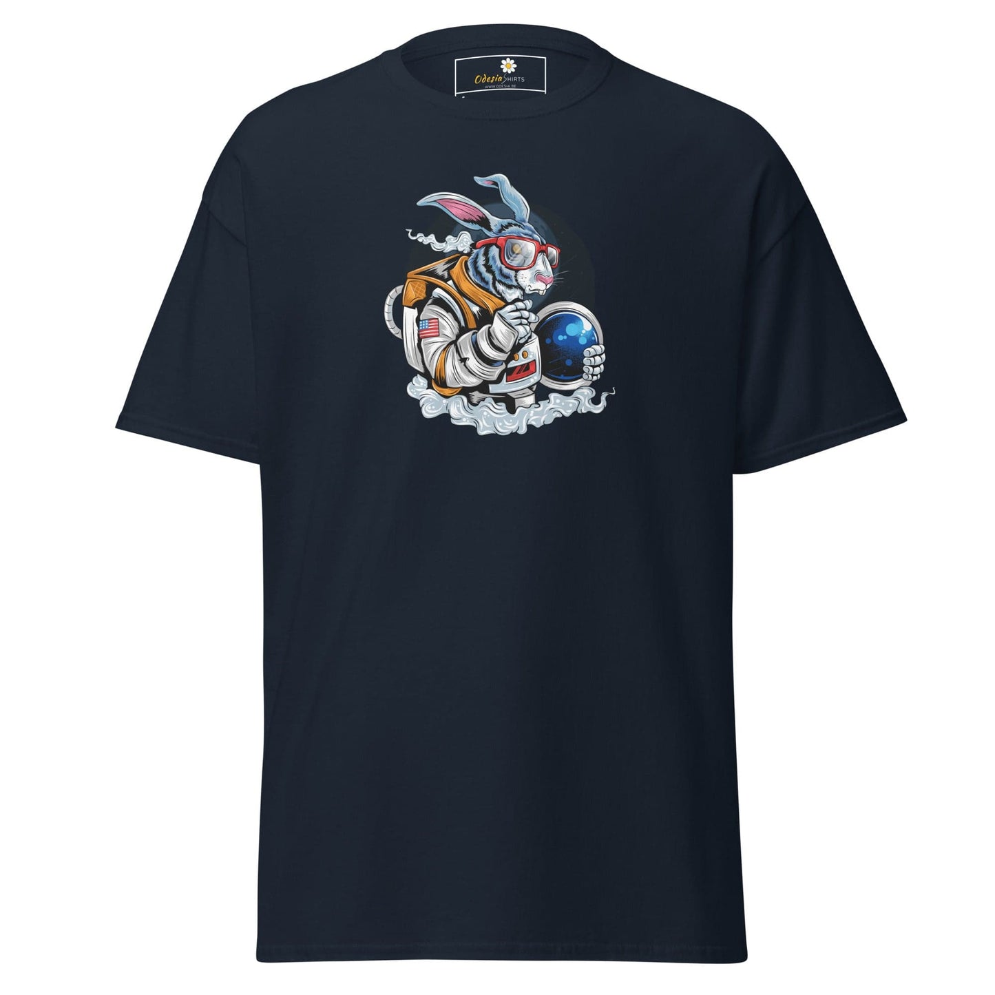 Navy blue T-shirt with astronaut rabbit graphic for men and women, available in sizes S to XL