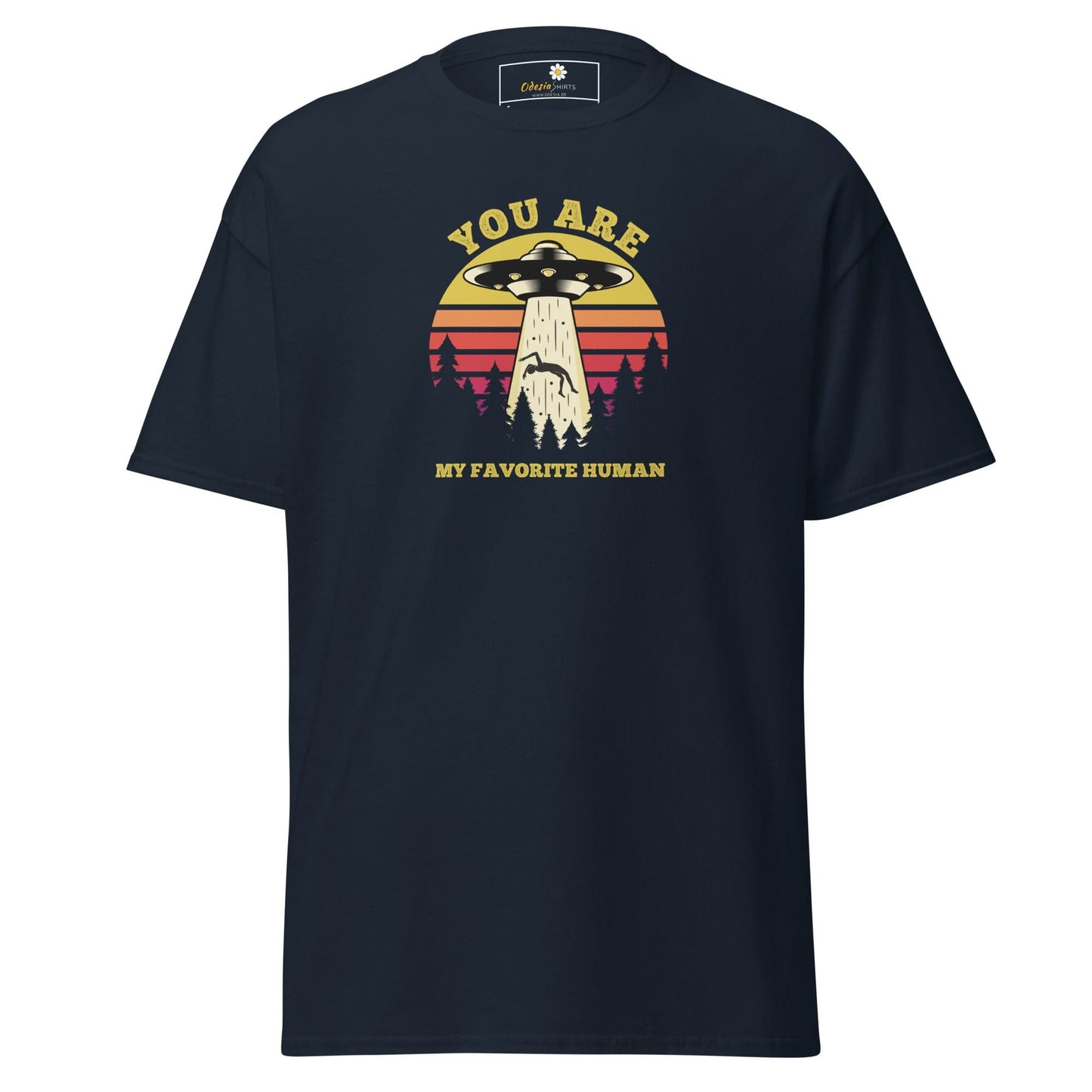 Navy blue T-shirt featuring an alien abduction graphic for men and women in sizes S to XL