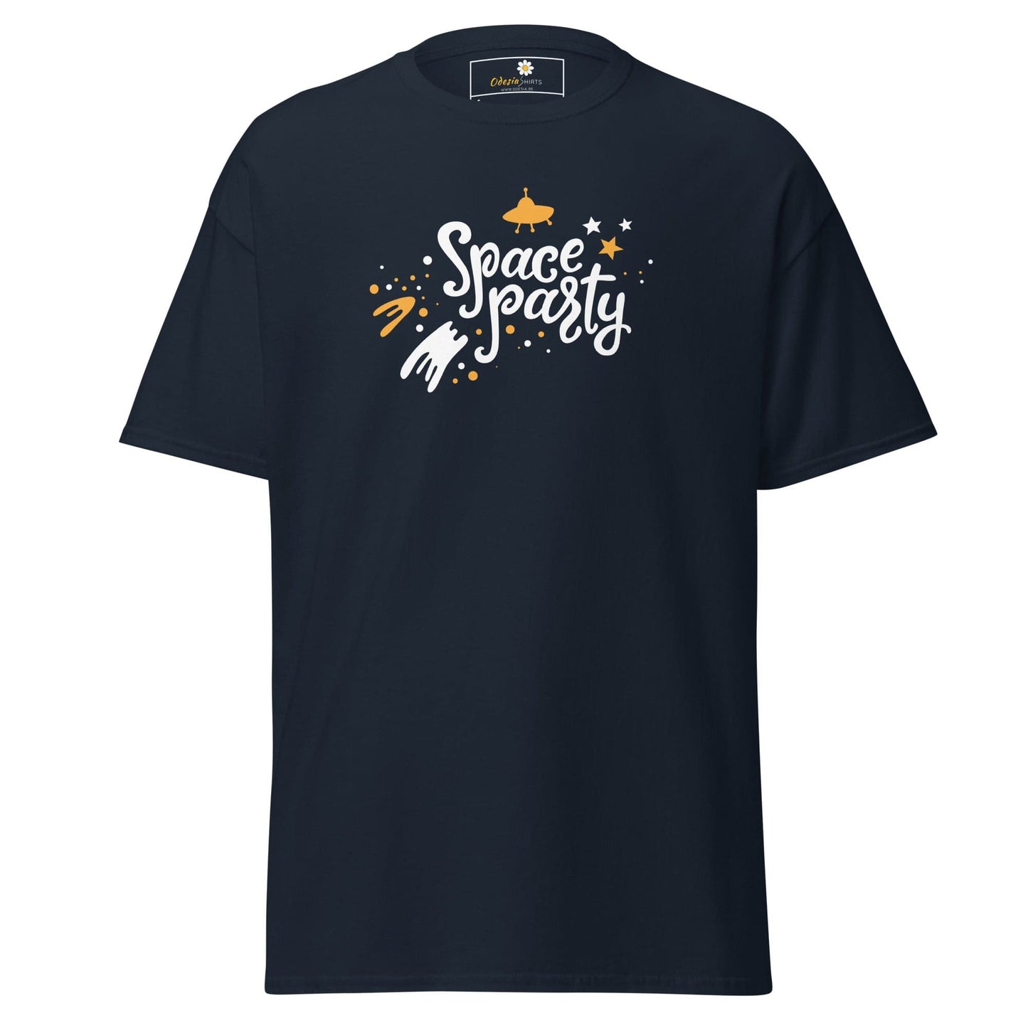 Navy blue T-shirt with space party graphic, suitable for men and women sizes S to XL