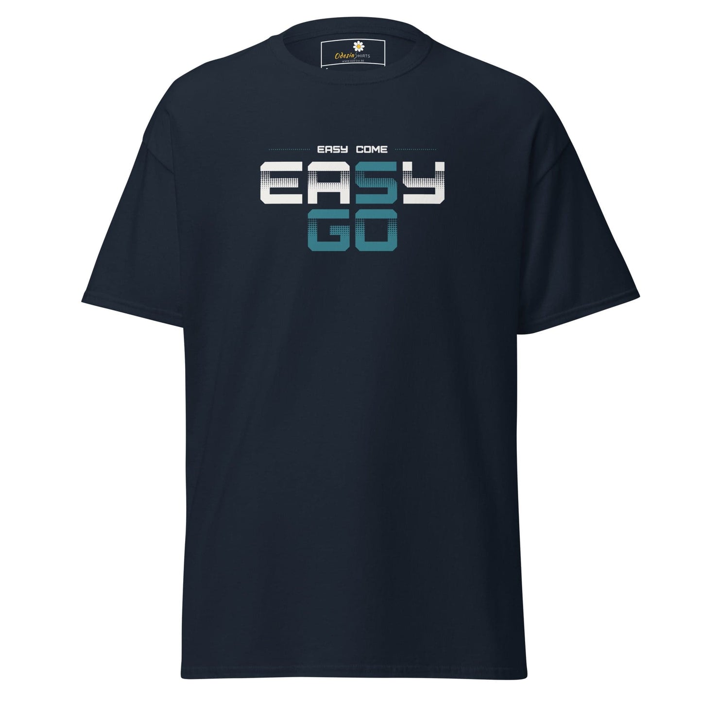 Dark blue T-shirt with graphic design, suitable for men and women, available in sizes S to XL