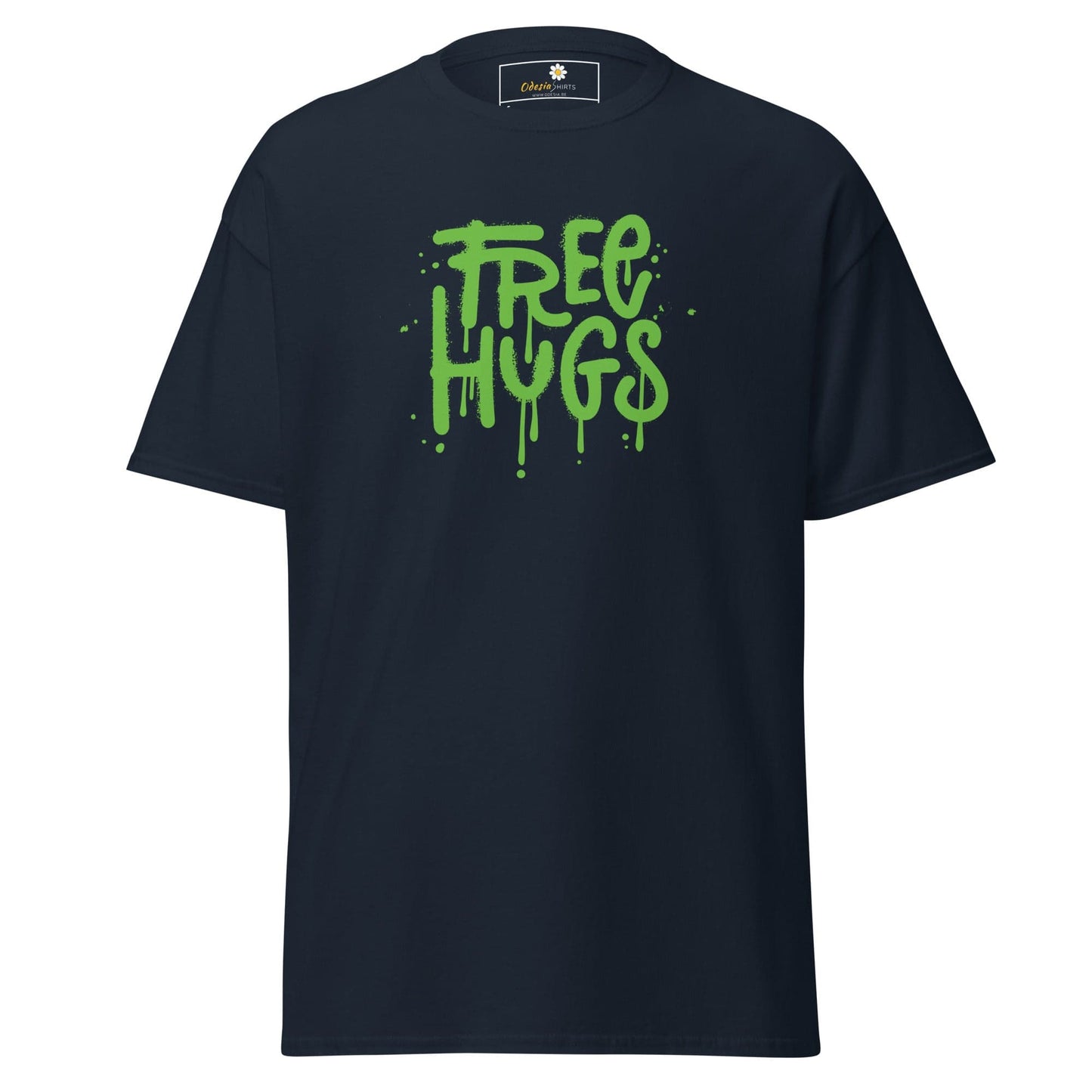 Navy t-shirt with Free Hugs graphic displayed in T-SHIRT DESIGN TEE for Men and Women