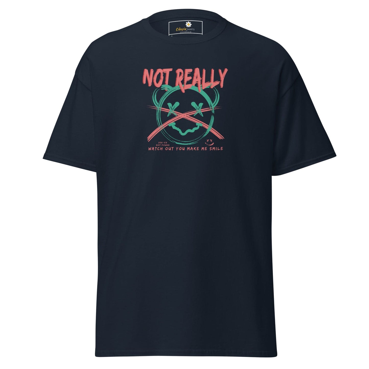 Navy blue T-shirt with graphic design for men and women, available in sizes S to XL