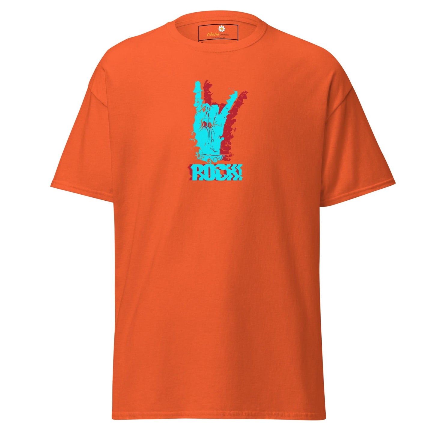 Orange T-shirt with rock hand graphic for Men and Women in sizes S to XL