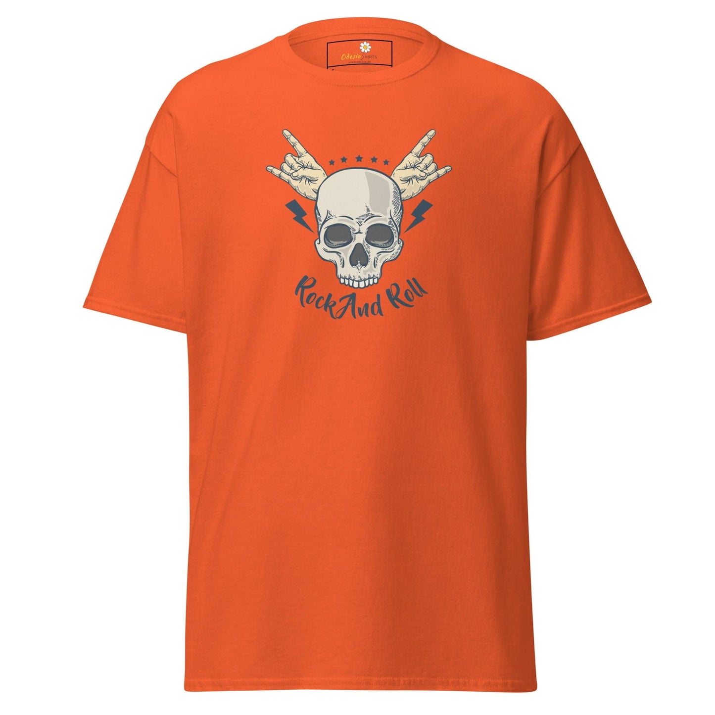 Orange T-shirt with skull and rock and roll design for men and women, available in S to XL sizes