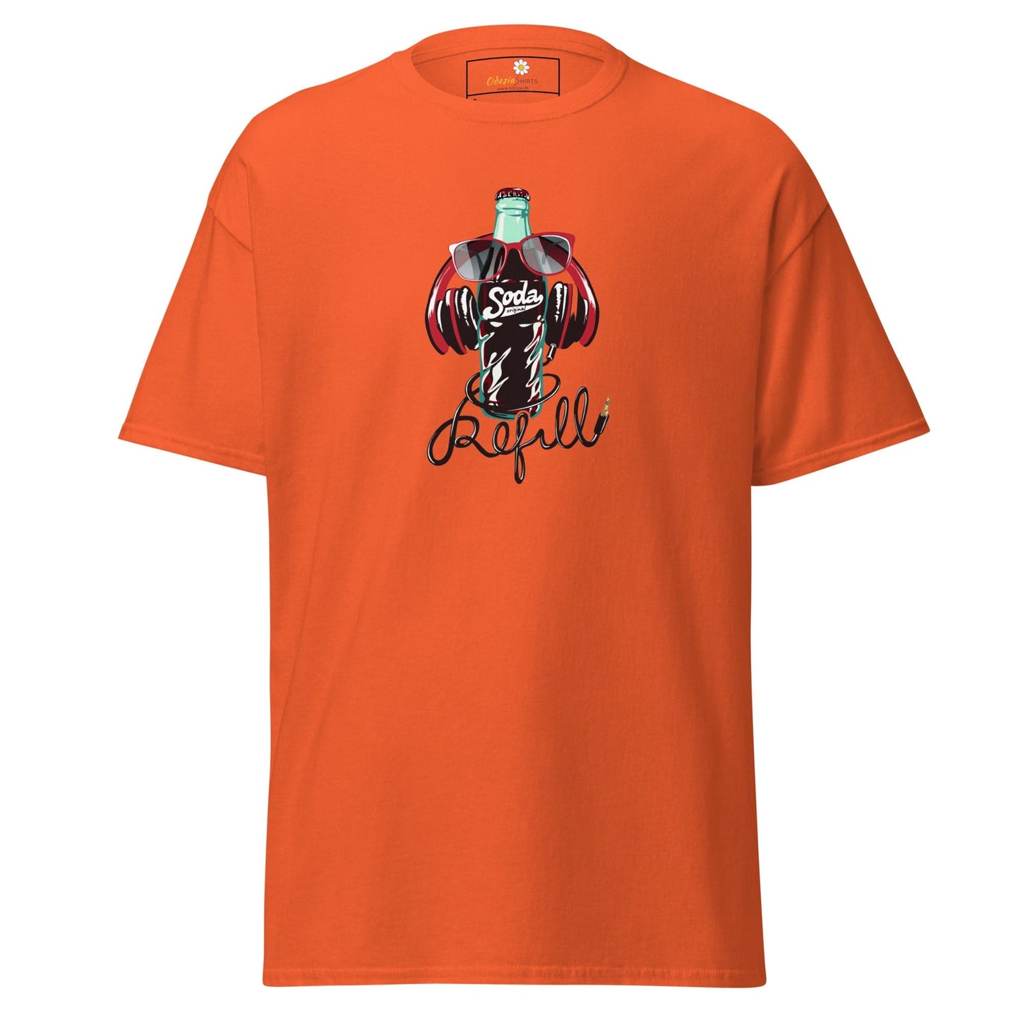 Orange T-shirt with soda bottle graphic, suitable for Men and Women sizes S to XL