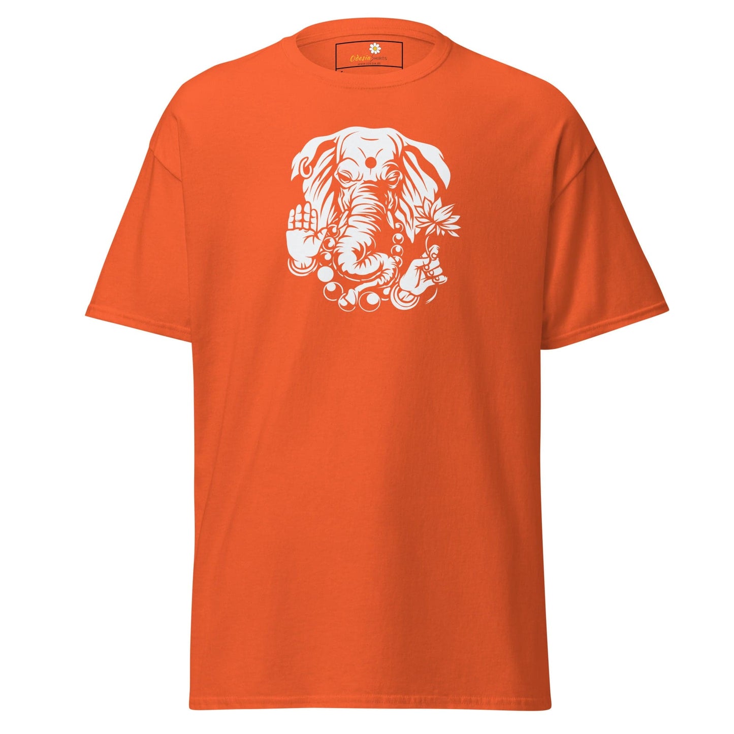 Orange T-shirt with Ganesha graphic for men and women in S to XL sizes