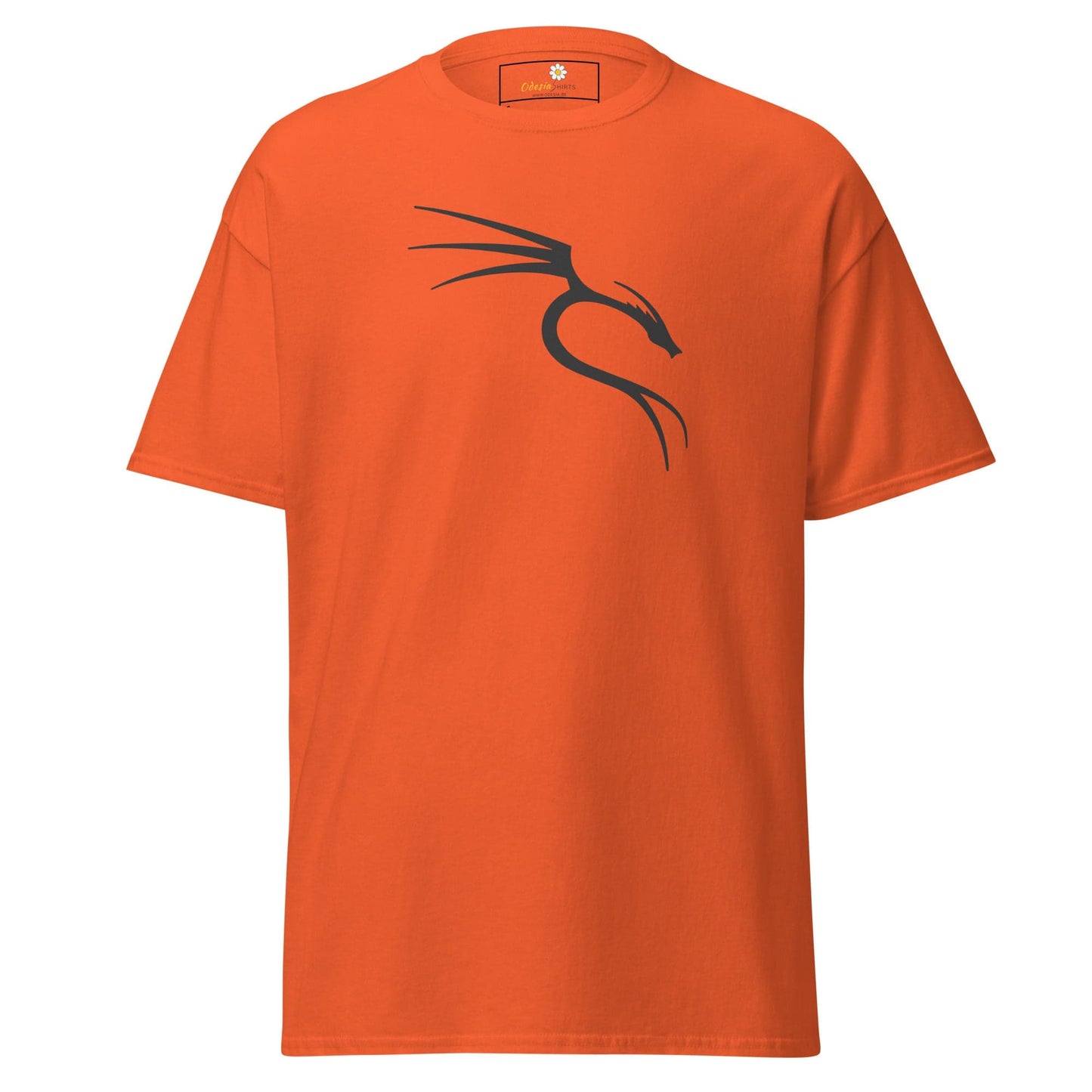 Orange T-shirt featuring a black dragon logo, suitable for men and women, sizes S to XL