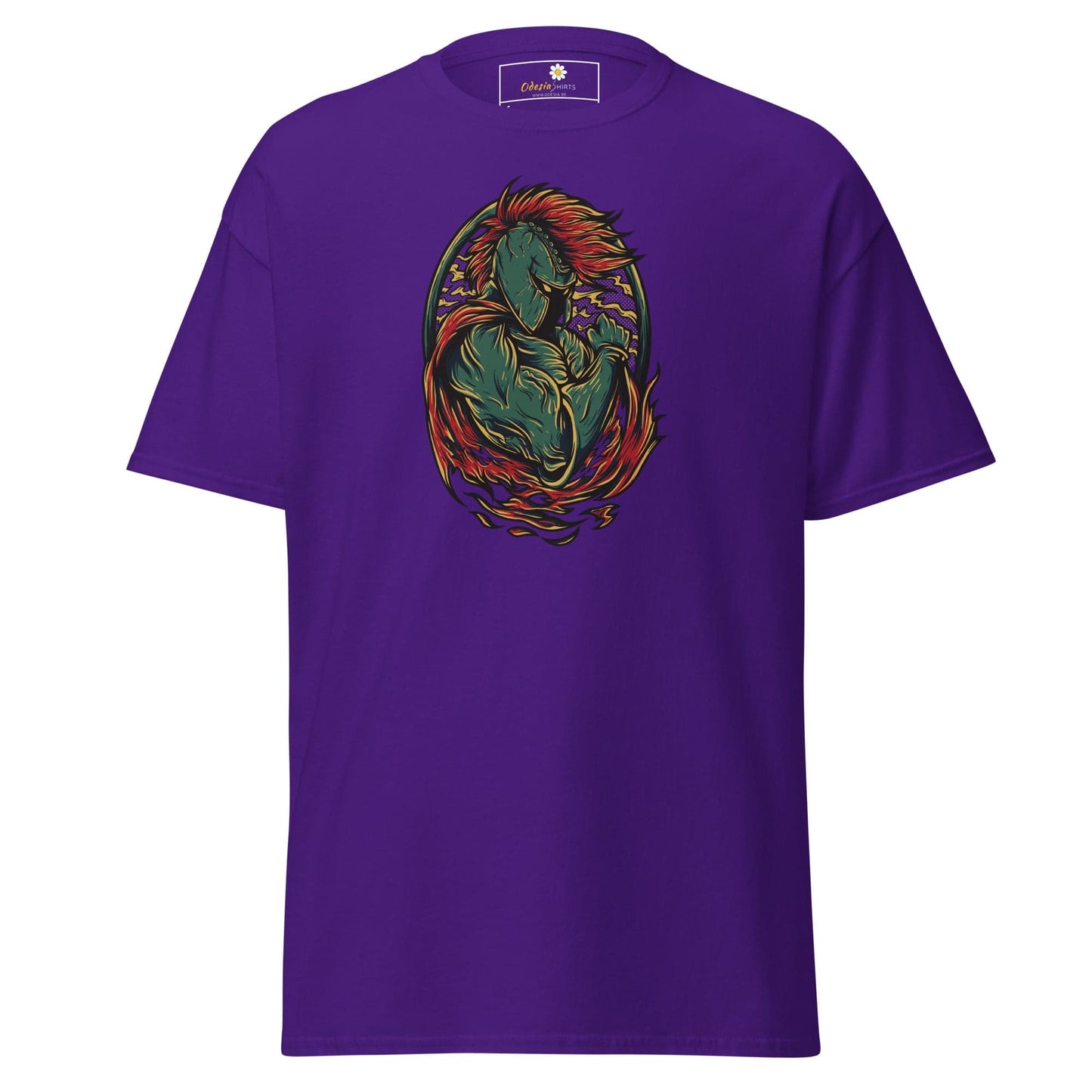 Purple T-shirt featuring a warrior graphic, suitable for men and women, available in S to XL
