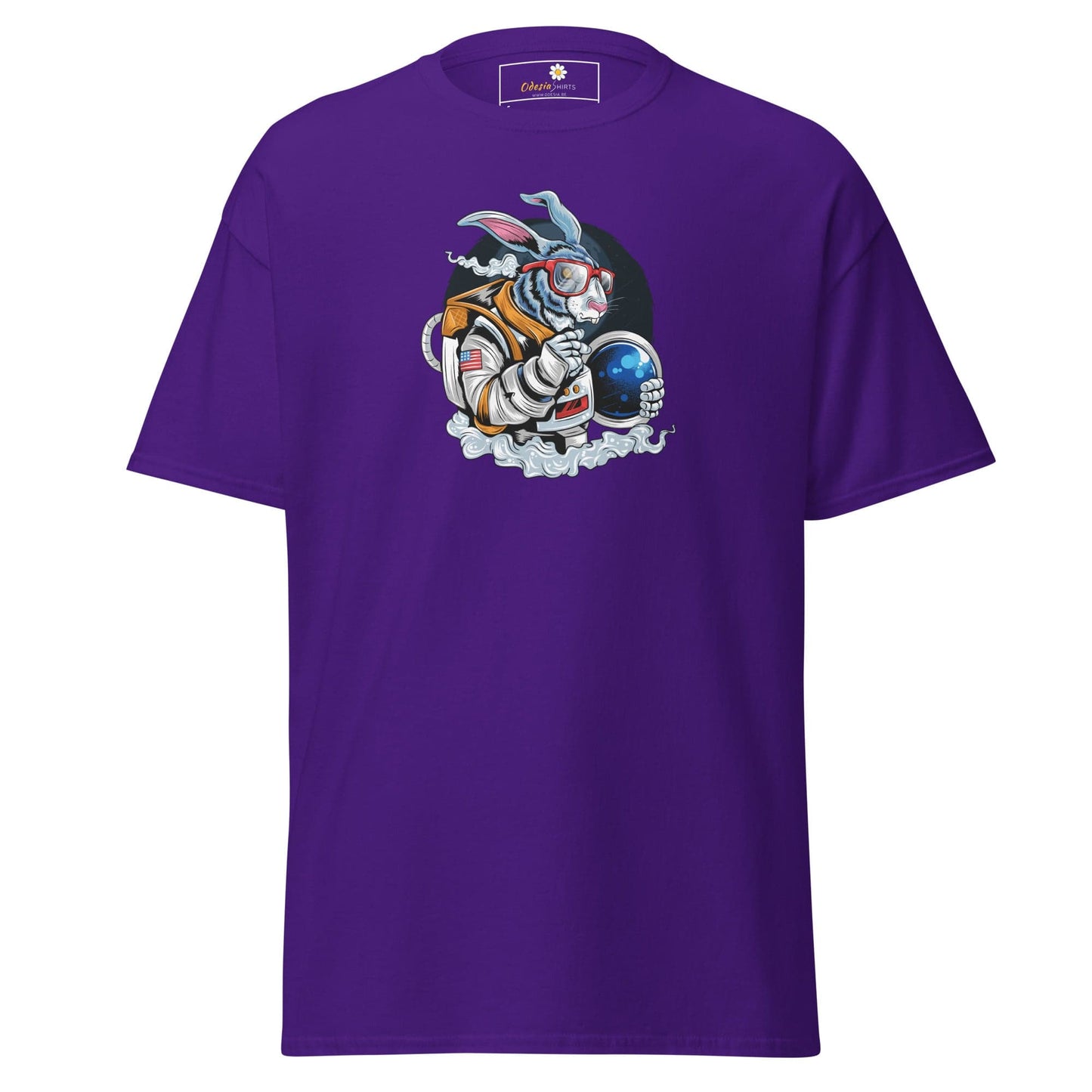 Purple t-shirt with astronaut rabbit graphic for men and women in sizes S to XL