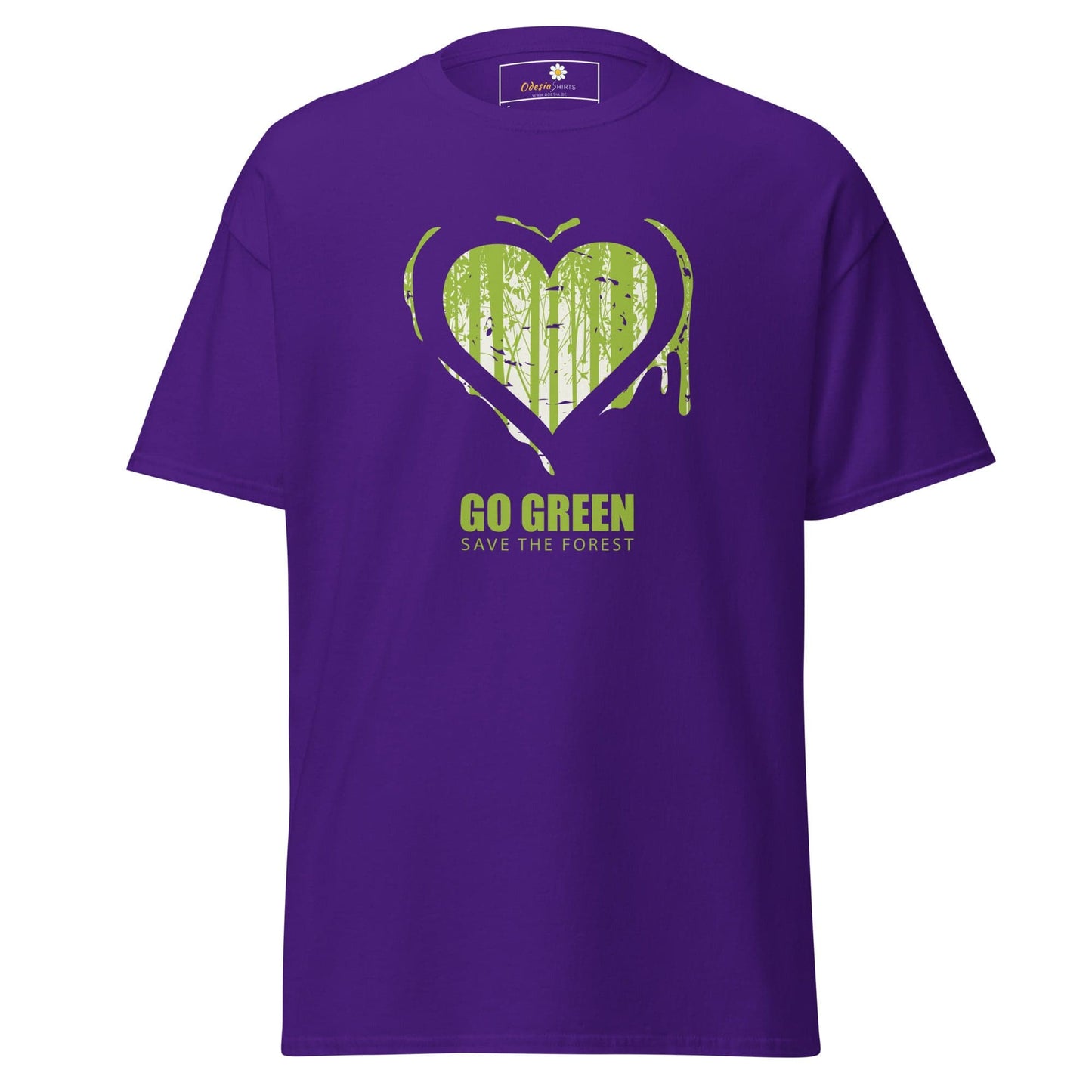 Purple T-shirt with heart-shaped forest graphic for men and women in sizes S to XL