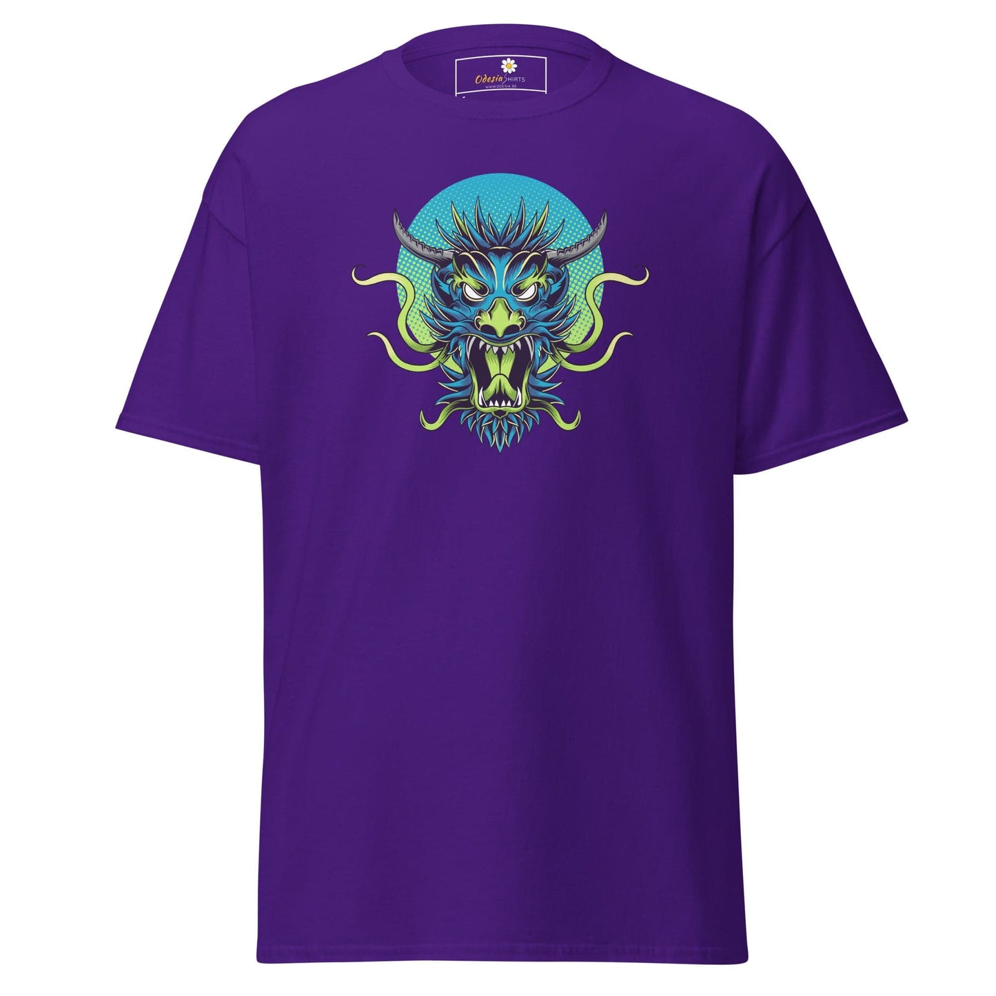 Purple T-shirt with a dragon graphic for men and women, available in S to XL sizes