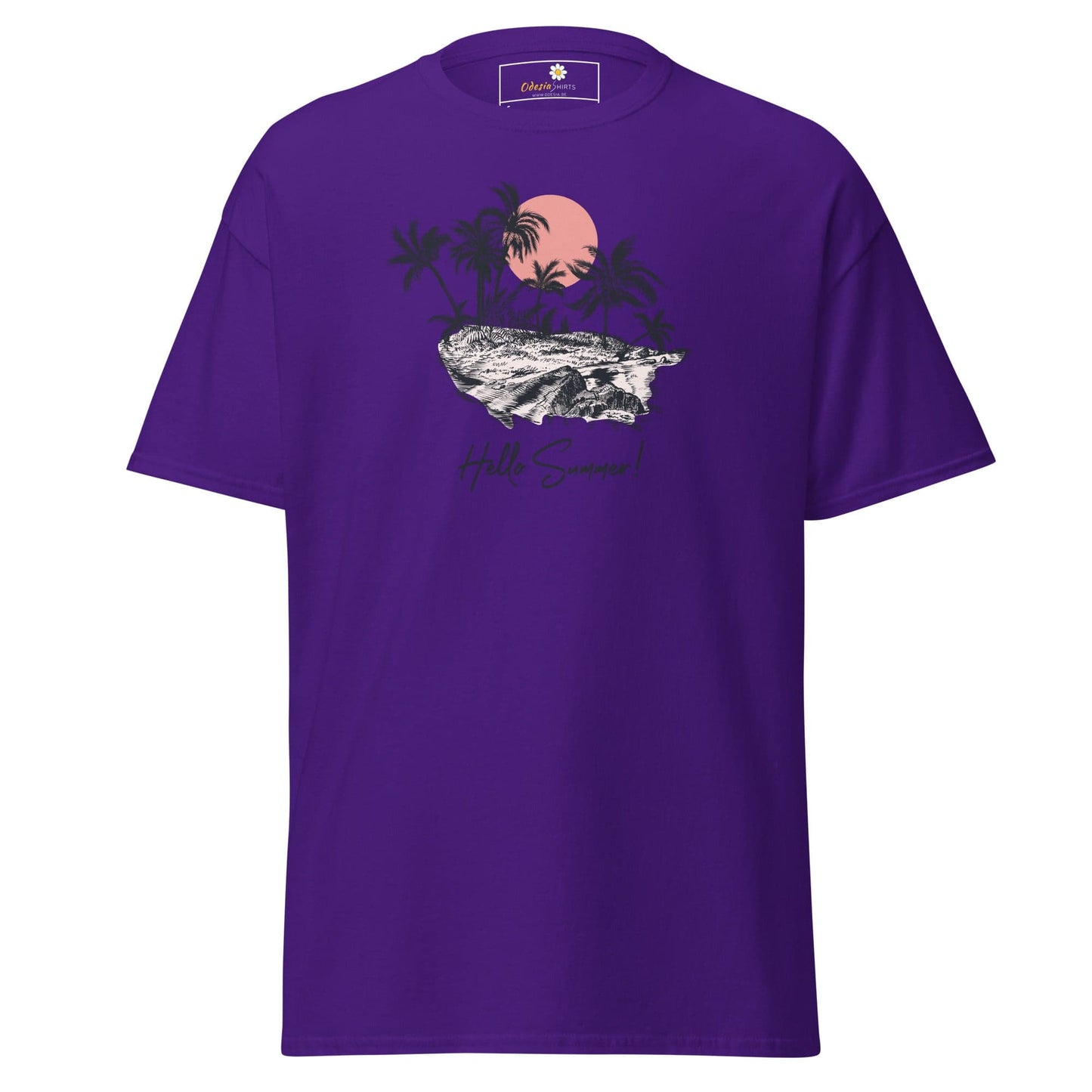 Purple T-shirt with tropical graphic for men and women in sizes S to XL
