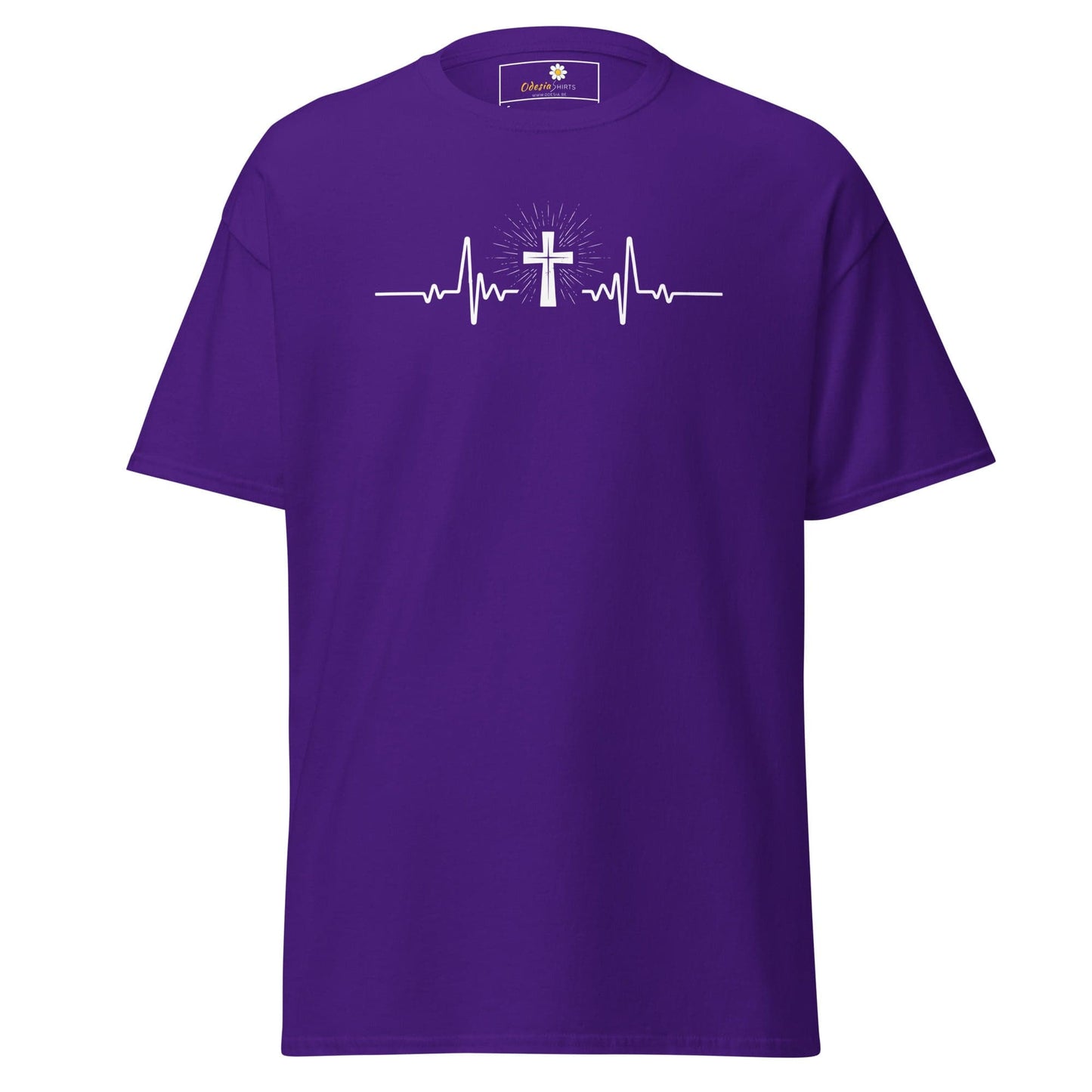 Purple T-shirt with cross and heartbeat design for men and women in sizes S to XL
