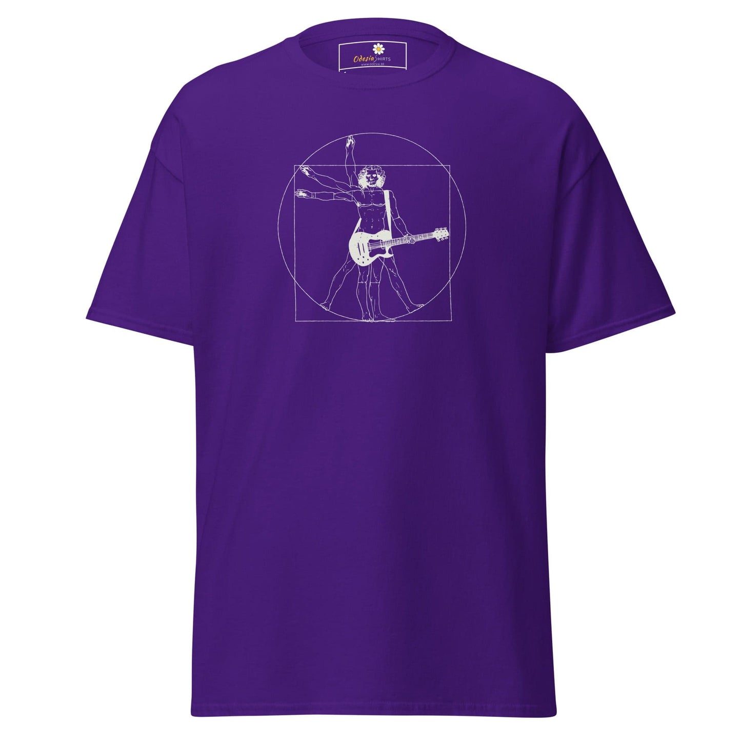 Purple T-Shirt featuring a musical Vitruvian Man graphic for men and women in S to XL sizes