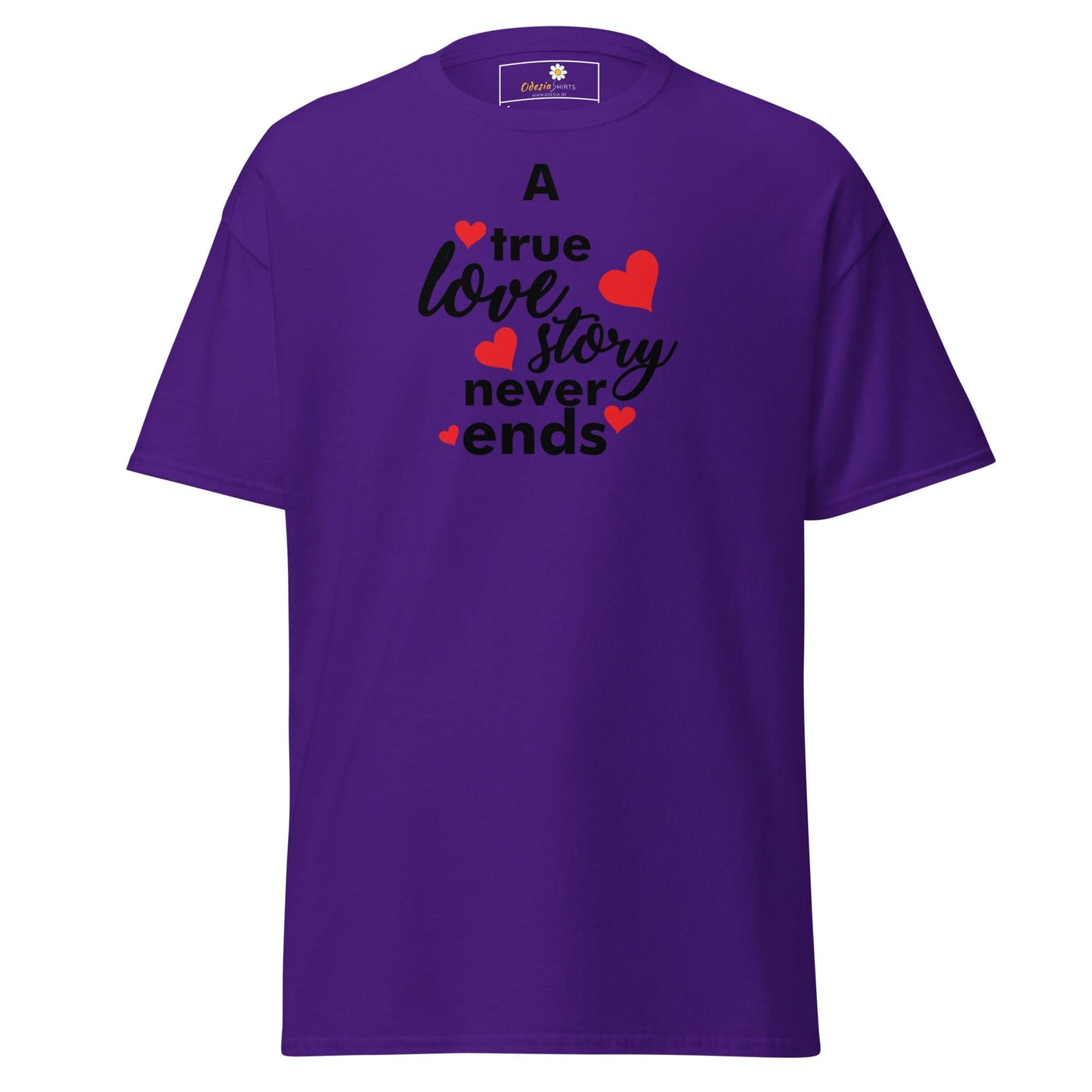 Purple t-shirt with love story graphic for men and women, available in sizes S to XL