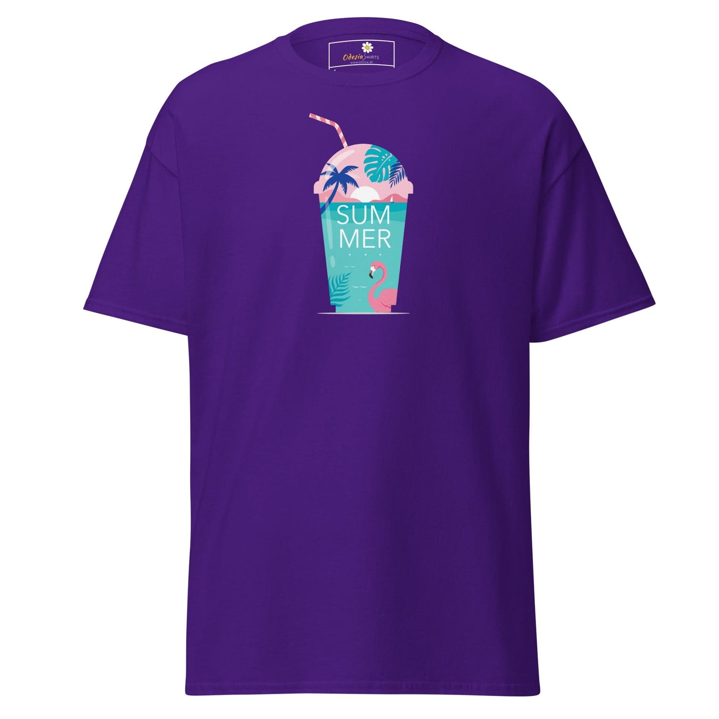 Purple T-shirt featuring a summer drink graphic for men and women in sizes S to XL