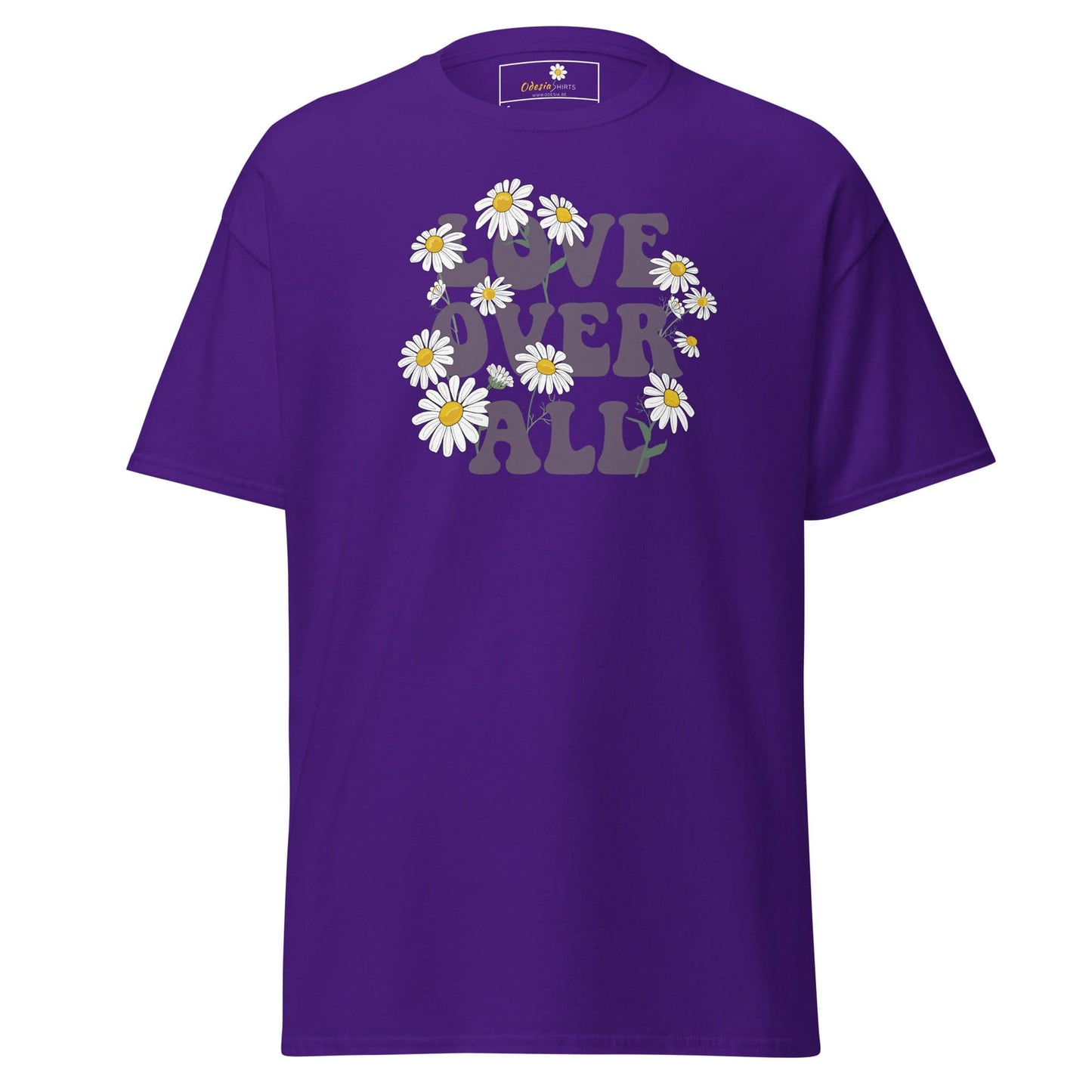 Purple T-shirt with daisy graphic for men and women in sizes S to XL