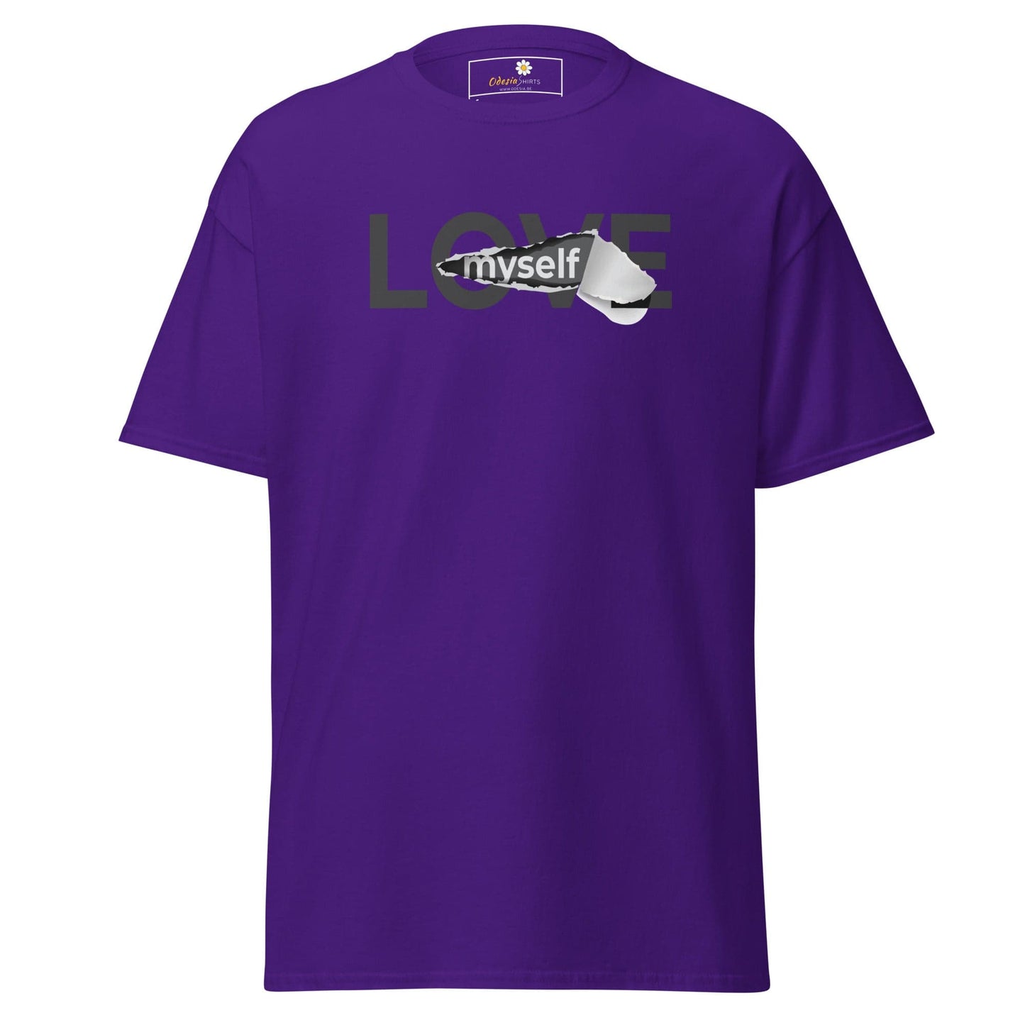 Purple t-shirt featuring love myself graphic for men and women in sizes S to XL