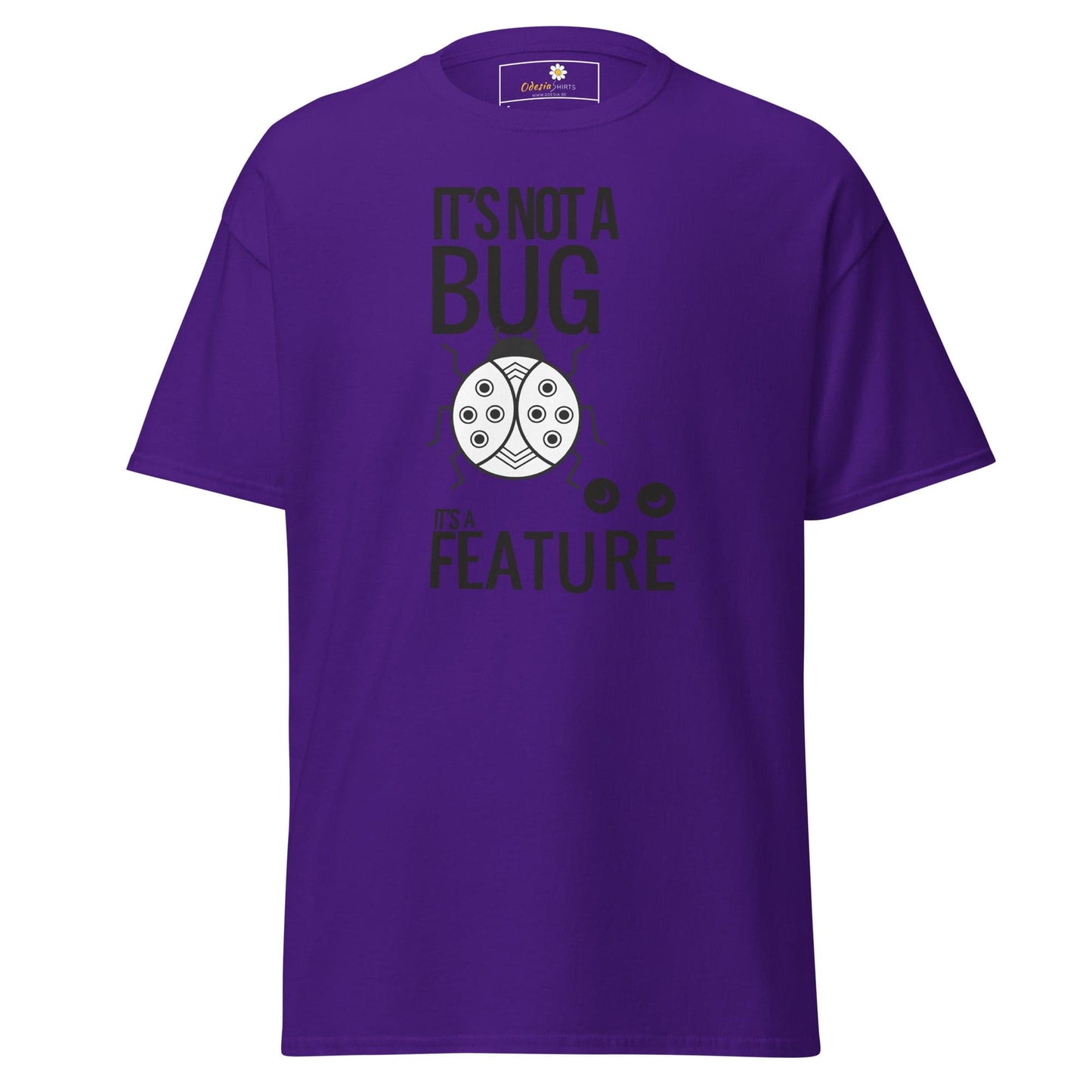 Purple T-shirt with a bug graphic for men and women available in sizes S to XL