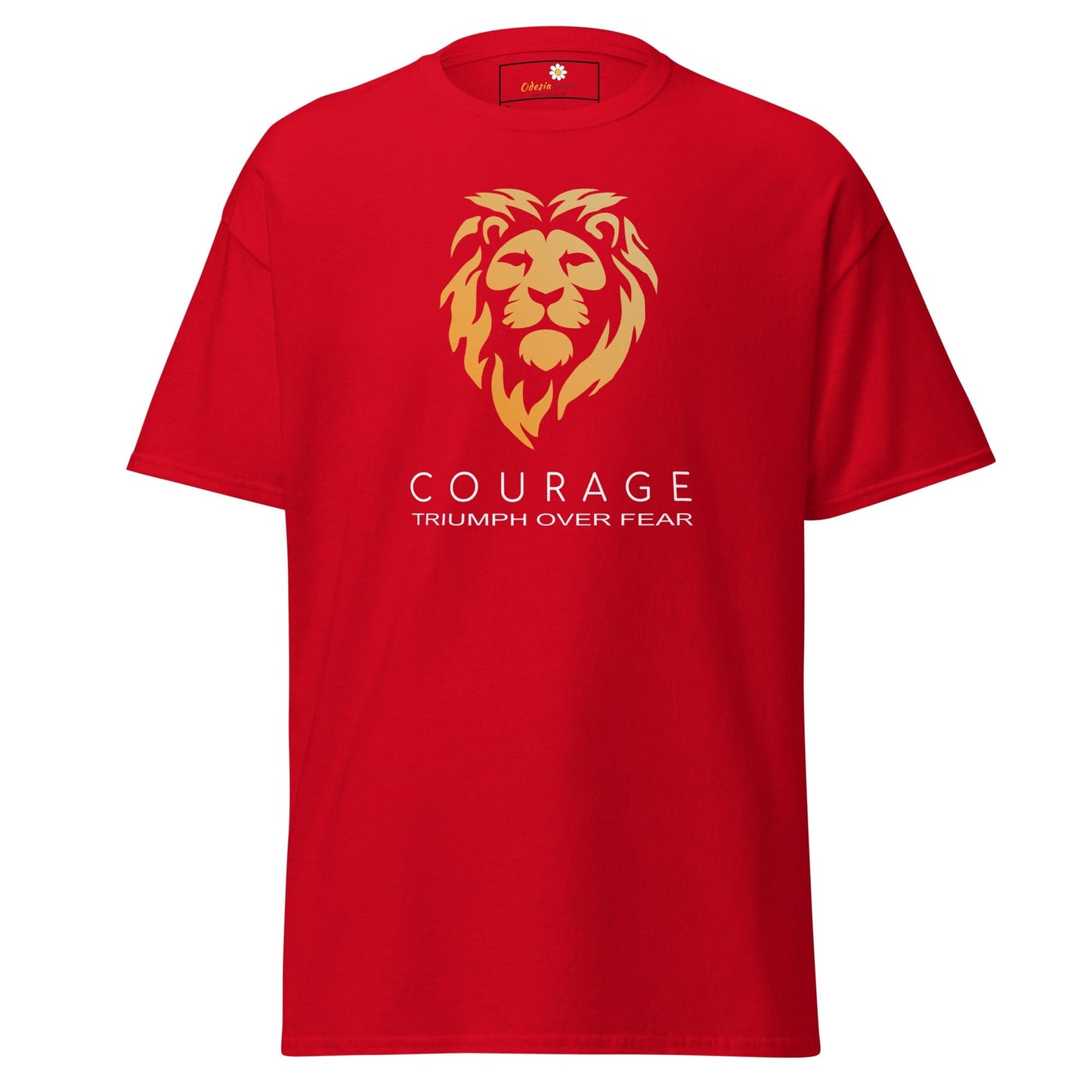 Red T-shirt with a lion graphic from T-SHIRT DESIGN TEE for man and woman sizes S to XL