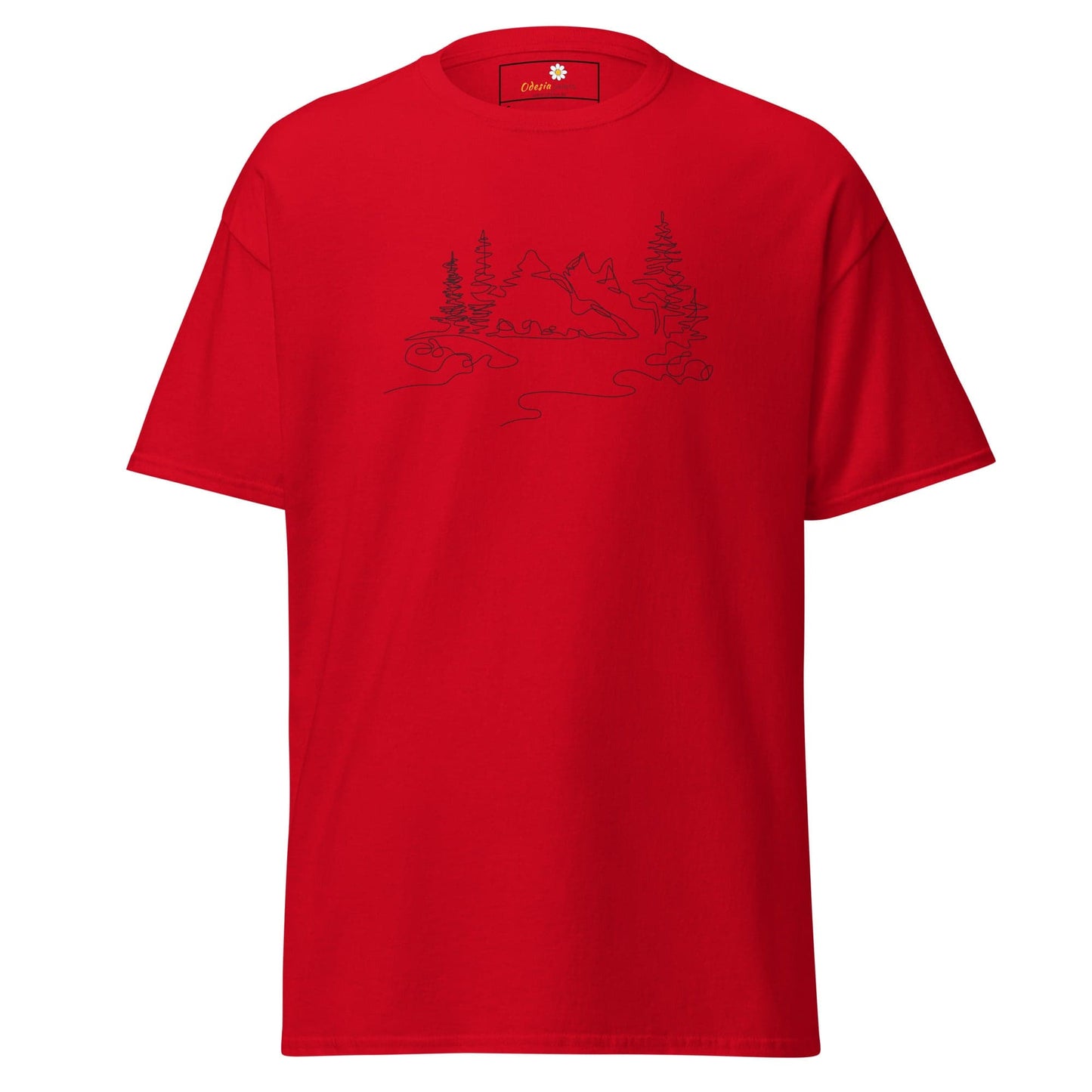 Red T-Shirt with Mountain and Tree Design for Men and Women in sizes S to XL